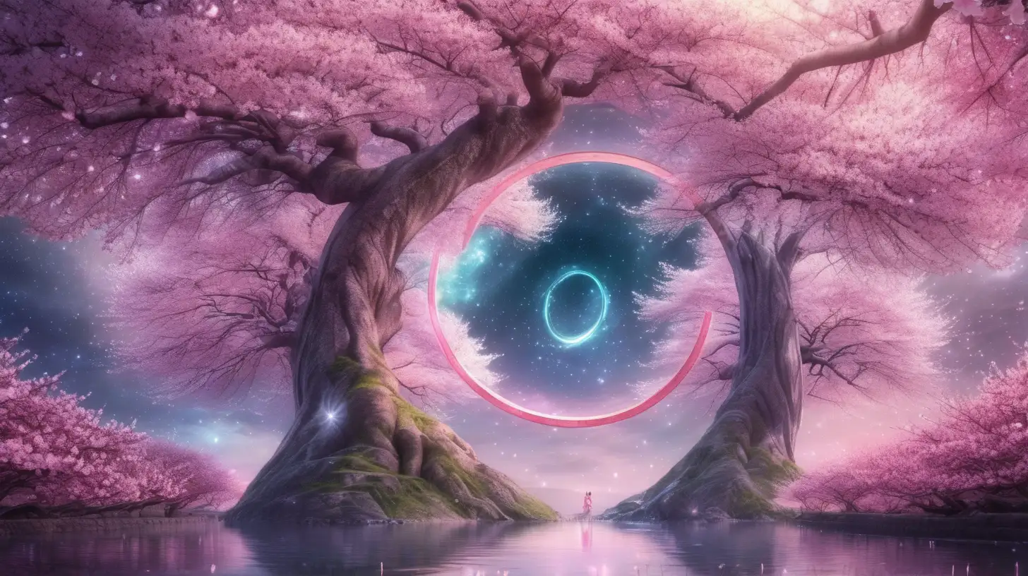 fairytale magical cherry blossom trees creating a portal to outer space