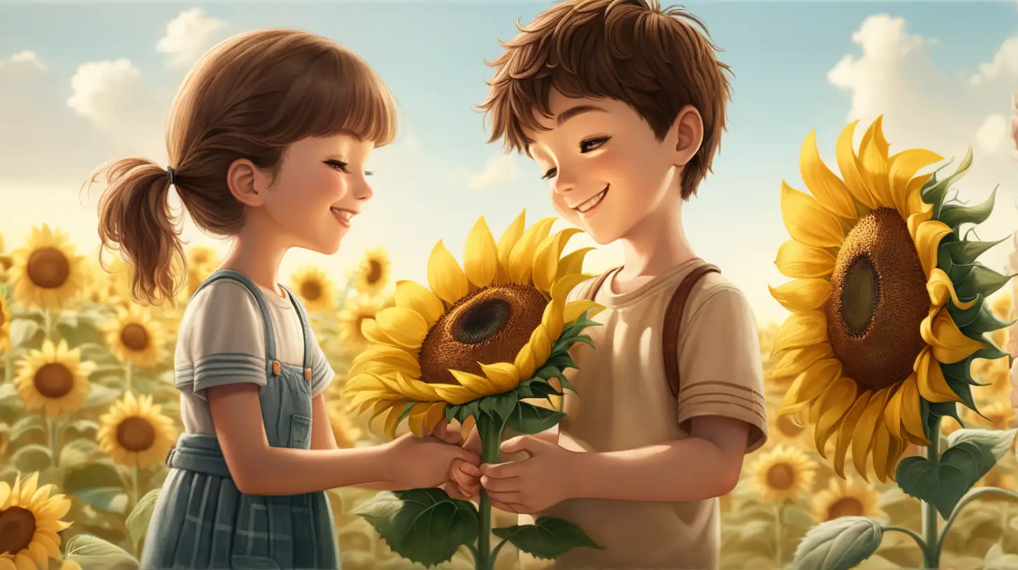 A beautiful animated boy and girl enjoying a serene moment as he hands her a sunflower with a tender smile.