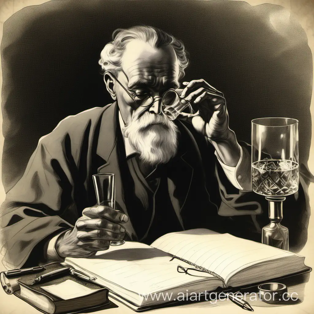 Философ ,мужчина, двадцатого века  пьет из бокала алкоголь,при этом делая записки в дневнике