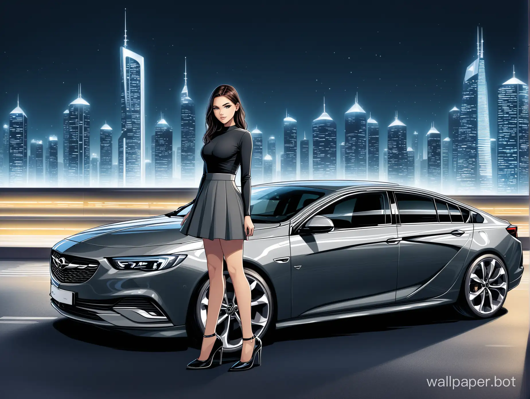 Opel insignia grand sport car in dark grey color with a brunette girl in skirt and high heels, standing near with futuristic city background