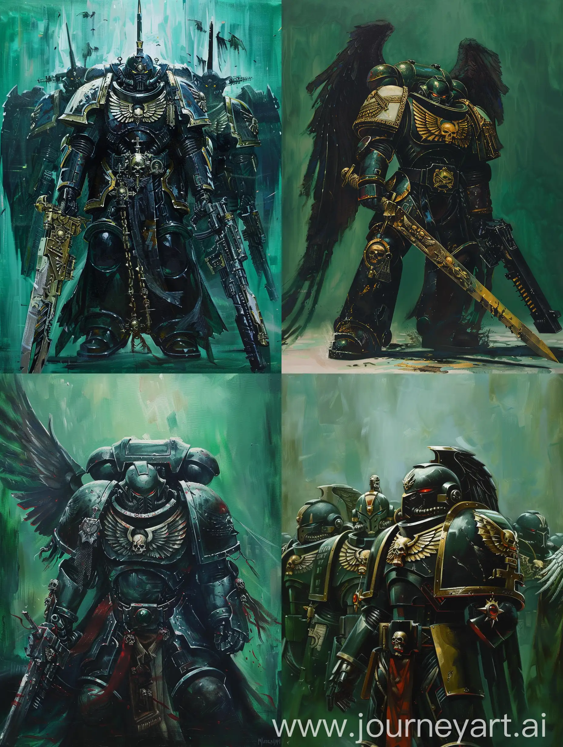 A painting of the Dark Angels from the Warhammer 40k universe. The background is Russian green. 