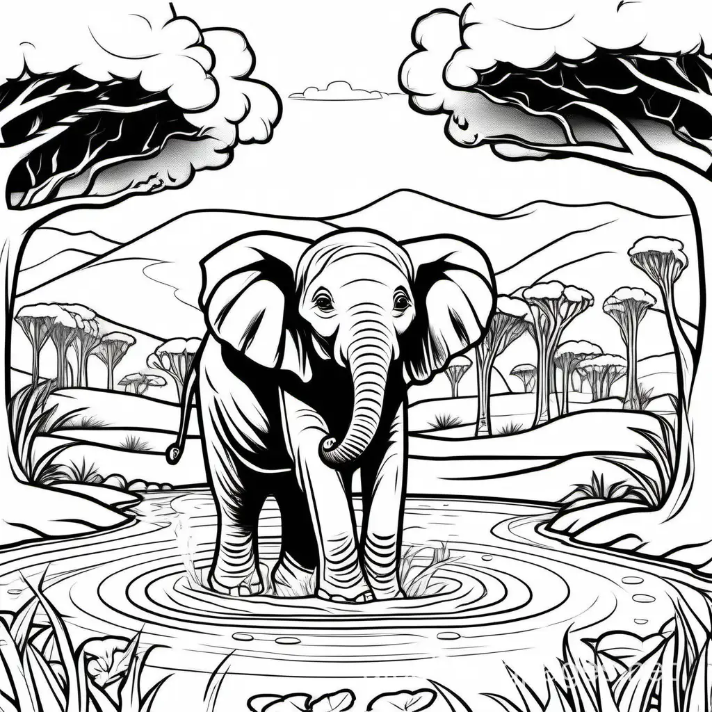 Cute Elephant: In the heart of the African savanna, a baby elephant splashes playfully in a watering hole. Acacia trees cast elongated shadows, and distant thunderclouds promise rain., Coloring Page, black and white, line art, white background, Simplicity, Ample White Space. The background of the coloring page is plain white to make it easy for young children to color within the lines. The outlines of all the subjects are easy to distinguish, making it simple for kids to color without too much difficulty