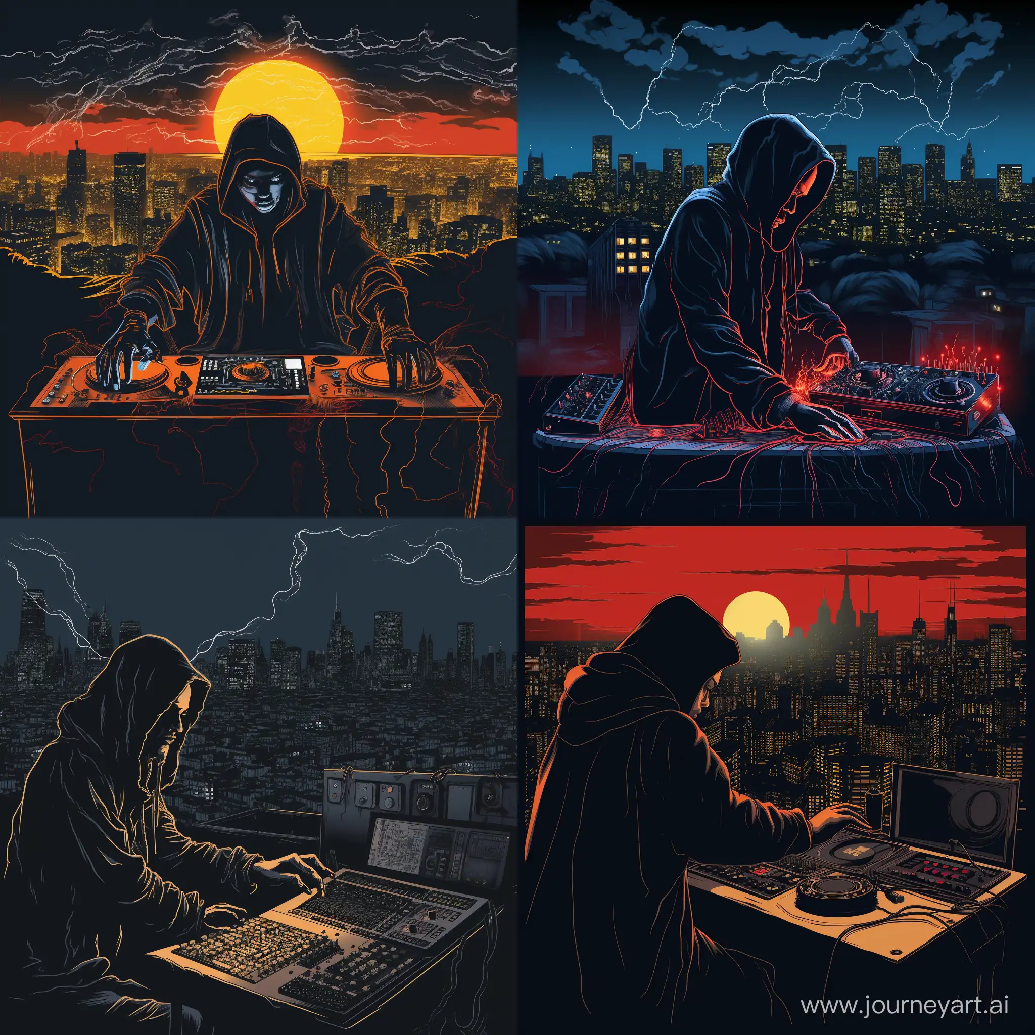 Urban-DJ-in-Grime-Fiends-Style-Cityscape-with-Black-Magic-Robed-DJ-at-Console