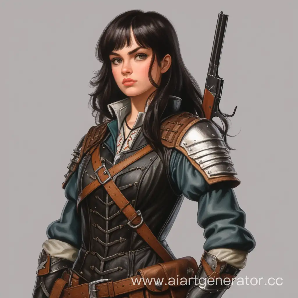 Девушка с темными волосами средней длины в средневековом одеянии рейнджера с огнестрельным оружием 