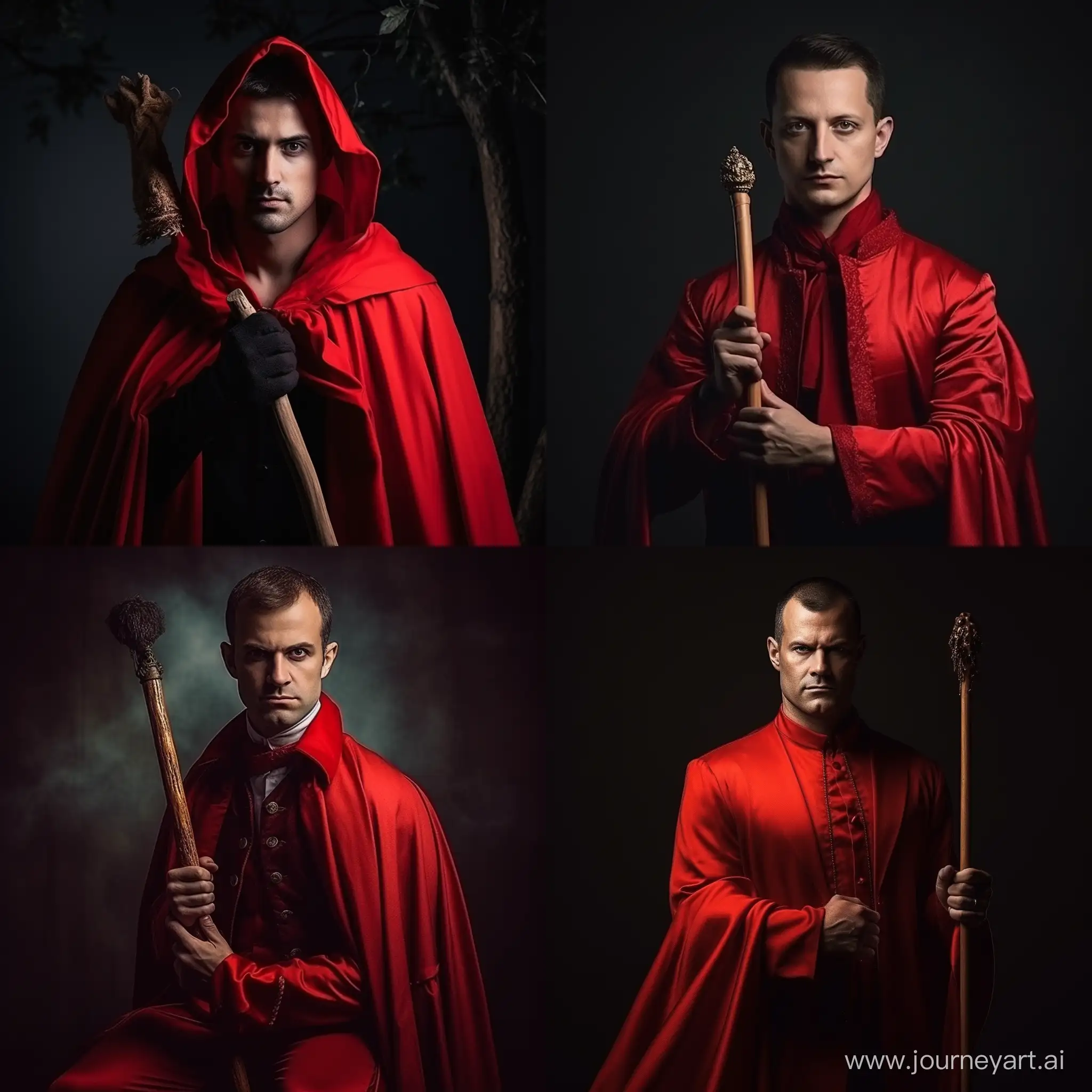 Magician without a hat and In a red cloak with red costume In his hands is a magician's stick

