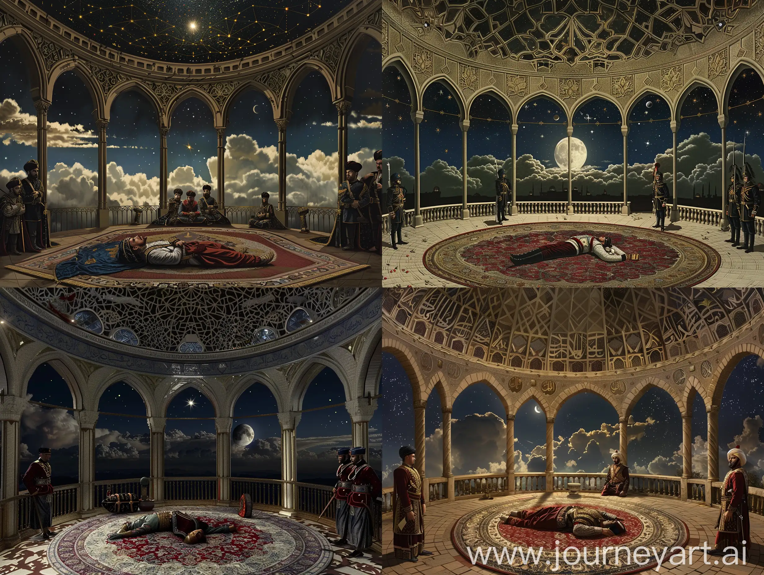 inside of a round isolated hall covered with muqarnas islamic ceiling, having islamic arched windows around, islamic style baluster at border, a dead prince lying on the persian carpet surrounded by ottoman guards wearing janissary uniform, view of night clouds with star and a moon visible from windows --style raw --ar 4:3 --q 1