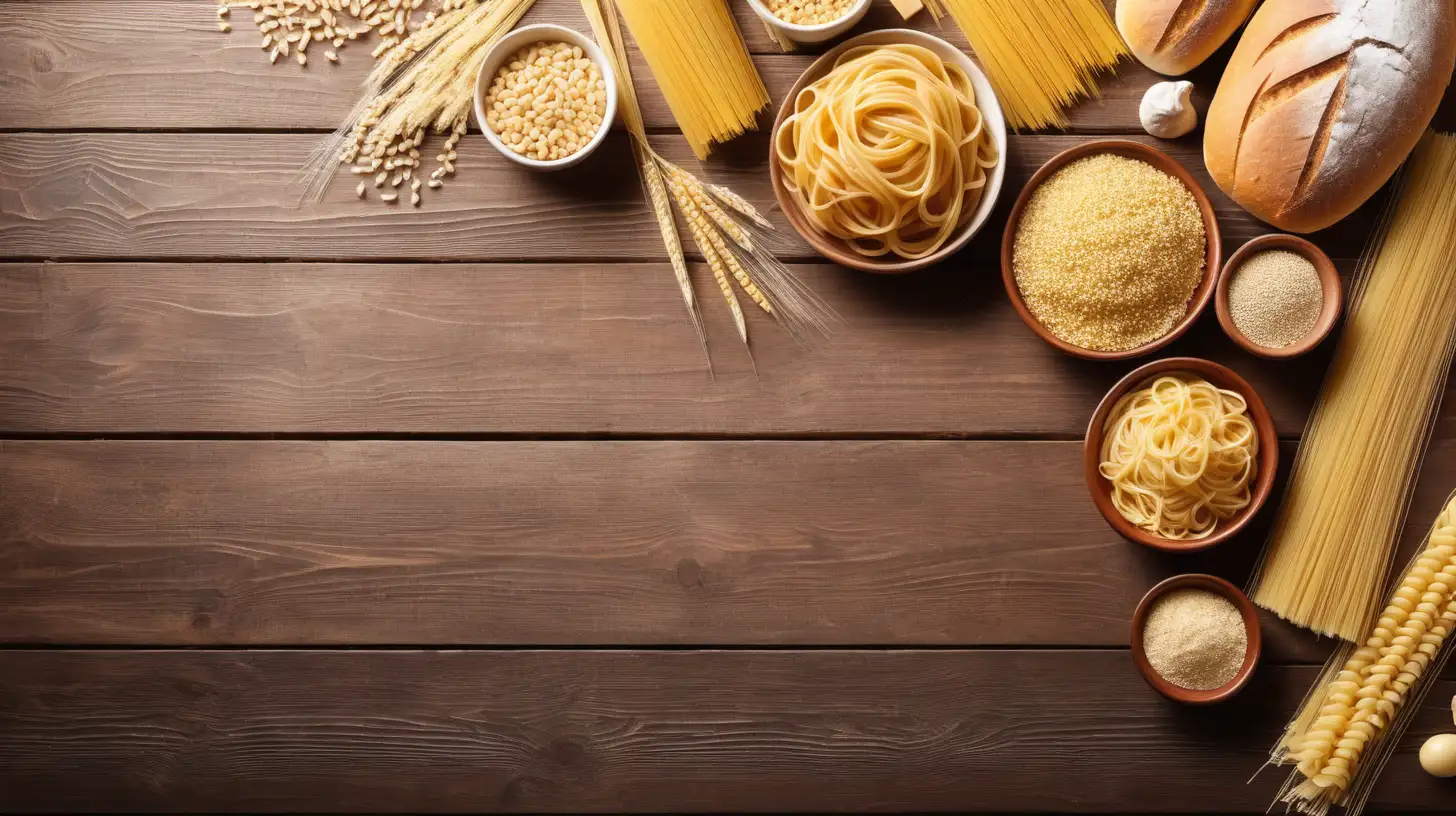 Sources of carbohydrate, bread, spaghetti, pasta, baley, and millet on wooden table, copy space