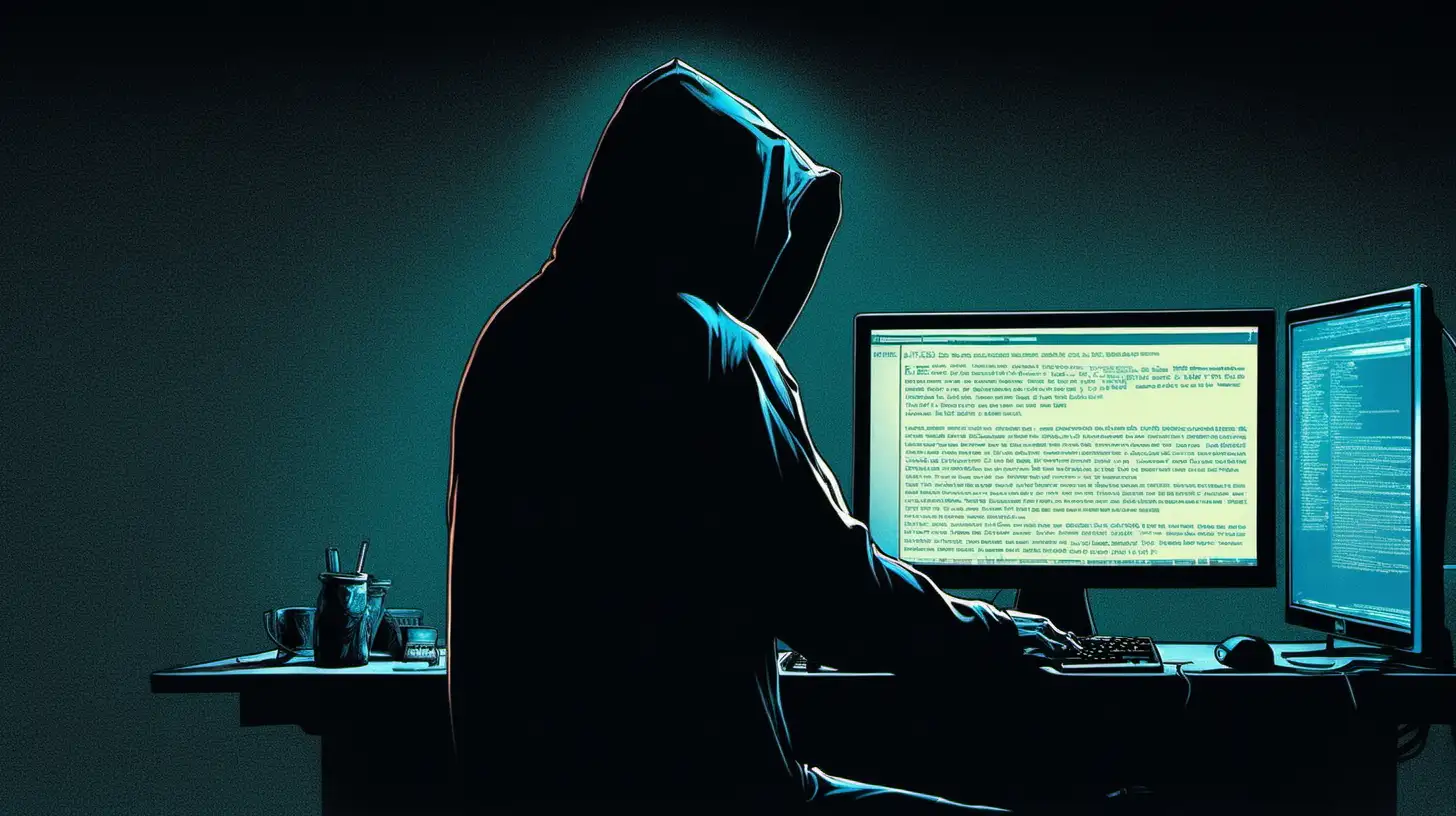 A hooded figure illuminated by the glow of a computer screen, typing furiously in a dimly lit room.