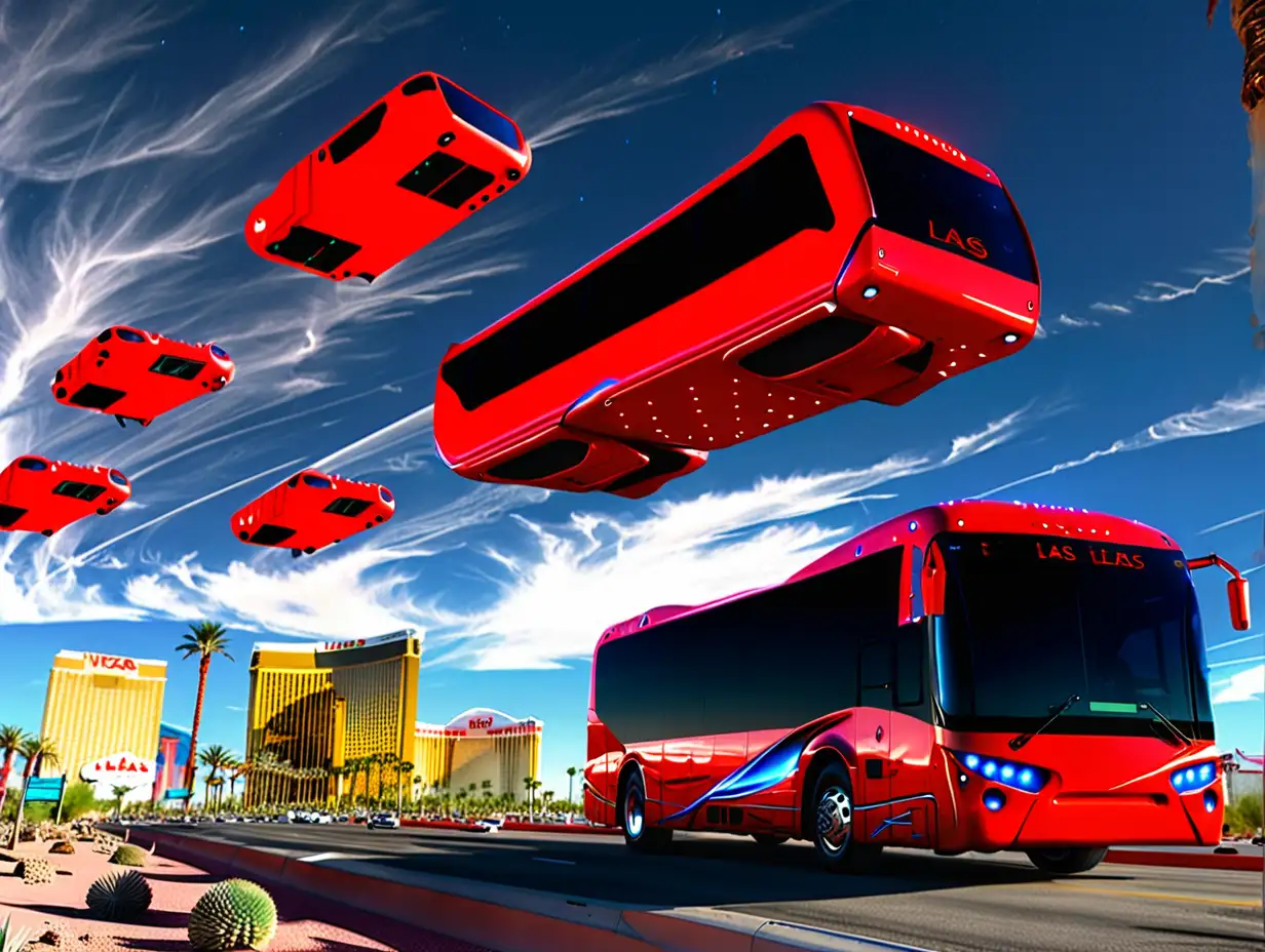 Futuristic Red Buses Soaring Above Future Las Vegas Skyline