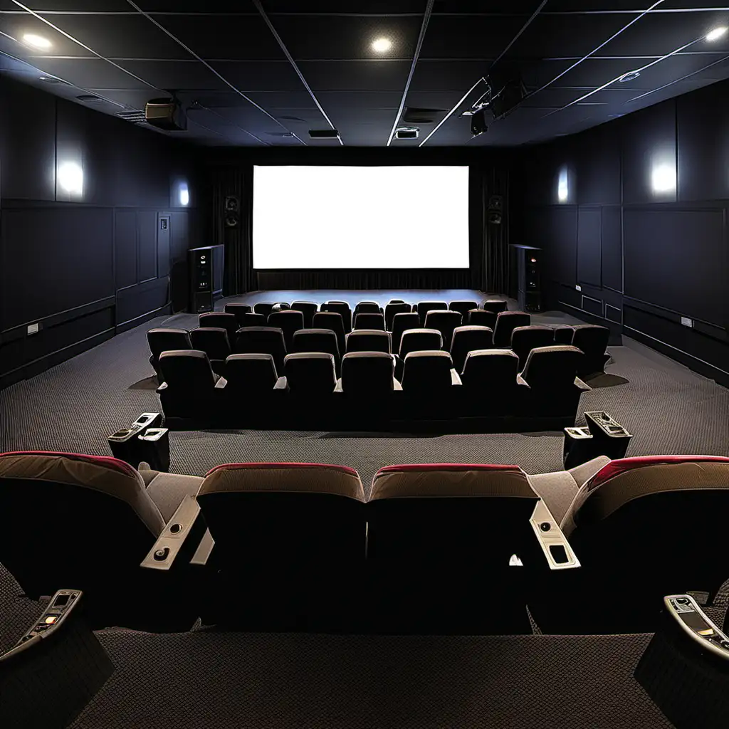Spacious Dark Movie Theater with Projection Screen and Sound Console