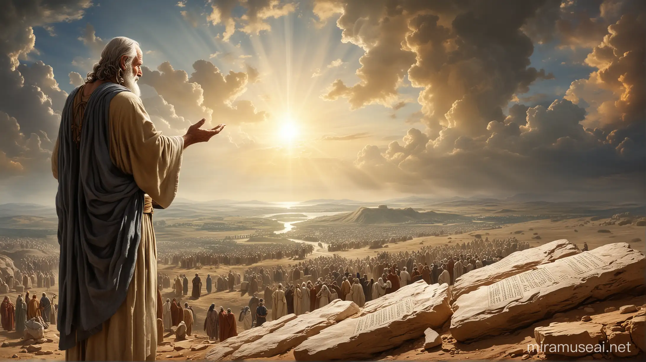 Moses on the mount receiving 2 large stone tablets from God 