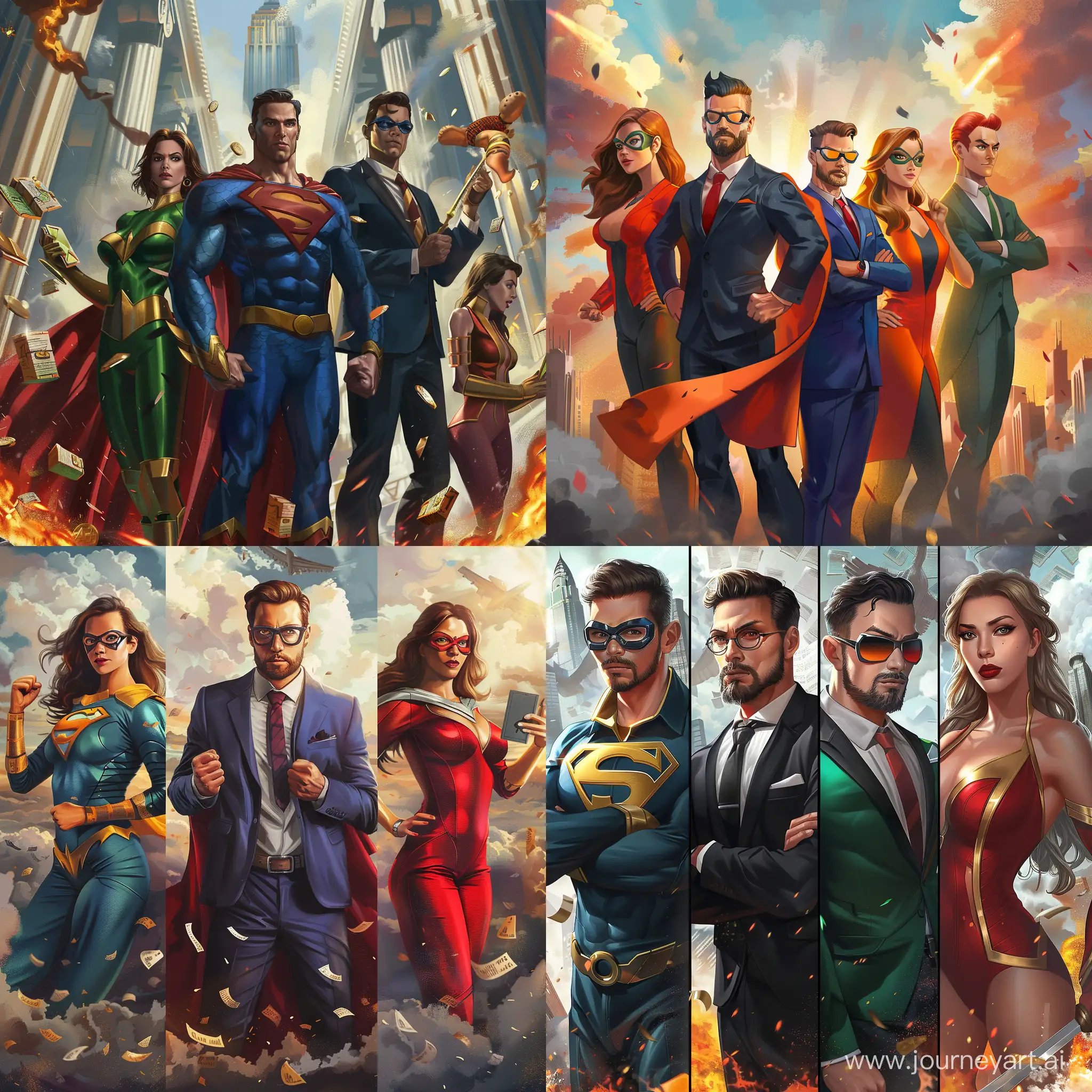 4 superheroes, epic background, 2 men 2 women, finance themed