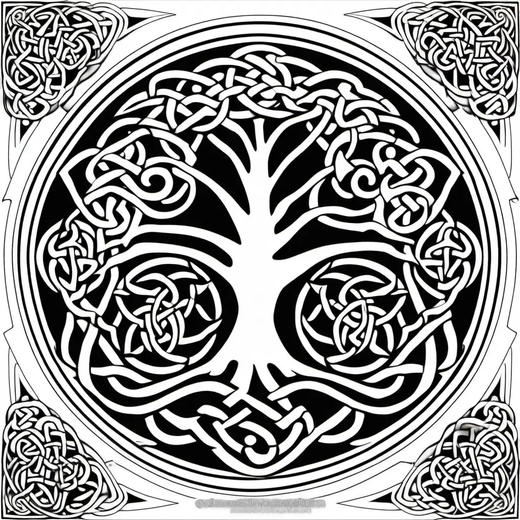 <celtic tree> colouring page, clean line art, mandala background 