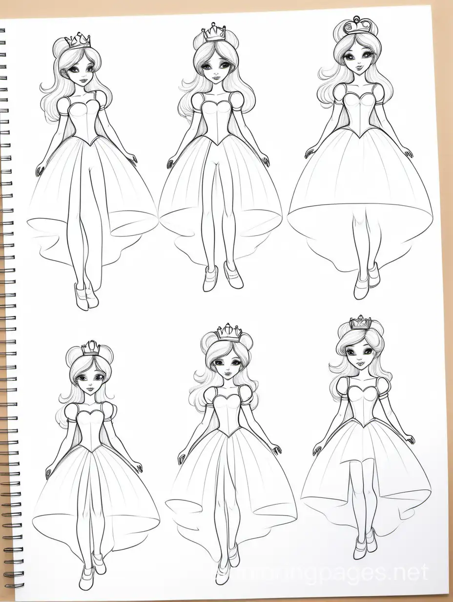 SOFT LIGHT HEART AND LINED PAPER, SKETCH, SKETCHY PENCIL DRAWINGS, WATERCOLOR, CHARACTER STUDY, HAIR UP AND DOWN, MULTIPLE POSES, FULL BODY, HALF BODY, QUARTER BODY, ARMS IN POSES, PRINCESS coquette, ANNOTATIONS, Coloring Page, black and white, line art, white background, Simplicity, Ample White Space. The background of the coloring page is plain white to make it easy for young children to color within the lines. The outlines of all the subjects are easy to distinguish, making it simple for kids to color without too much difficulty