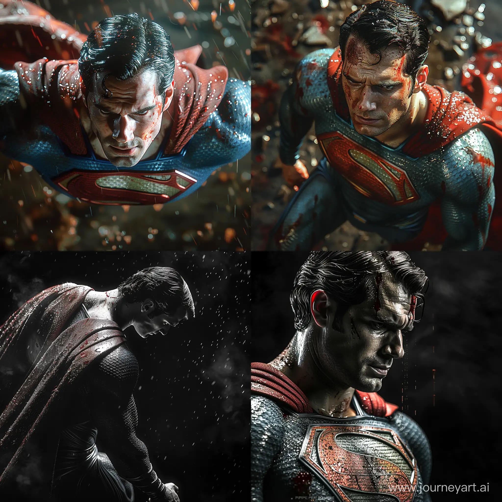 Man of Steel, superman, looking down, cinematic, dark, prime 1 studio, (awe-inspiring:1.1), majestic, pompous, (floating in mid-air:1.5), (leviating:1.5), extreme detailed, flowing cape, chiaroscuro, harsh shadows, bloody highly detailed --style raw --stylize 750