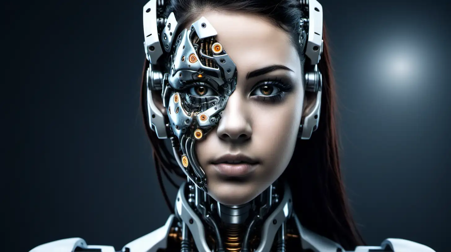 Cyborg woman, 18 years old. She has a cyborg face, but she is extremely beautiful. She has dark hair.