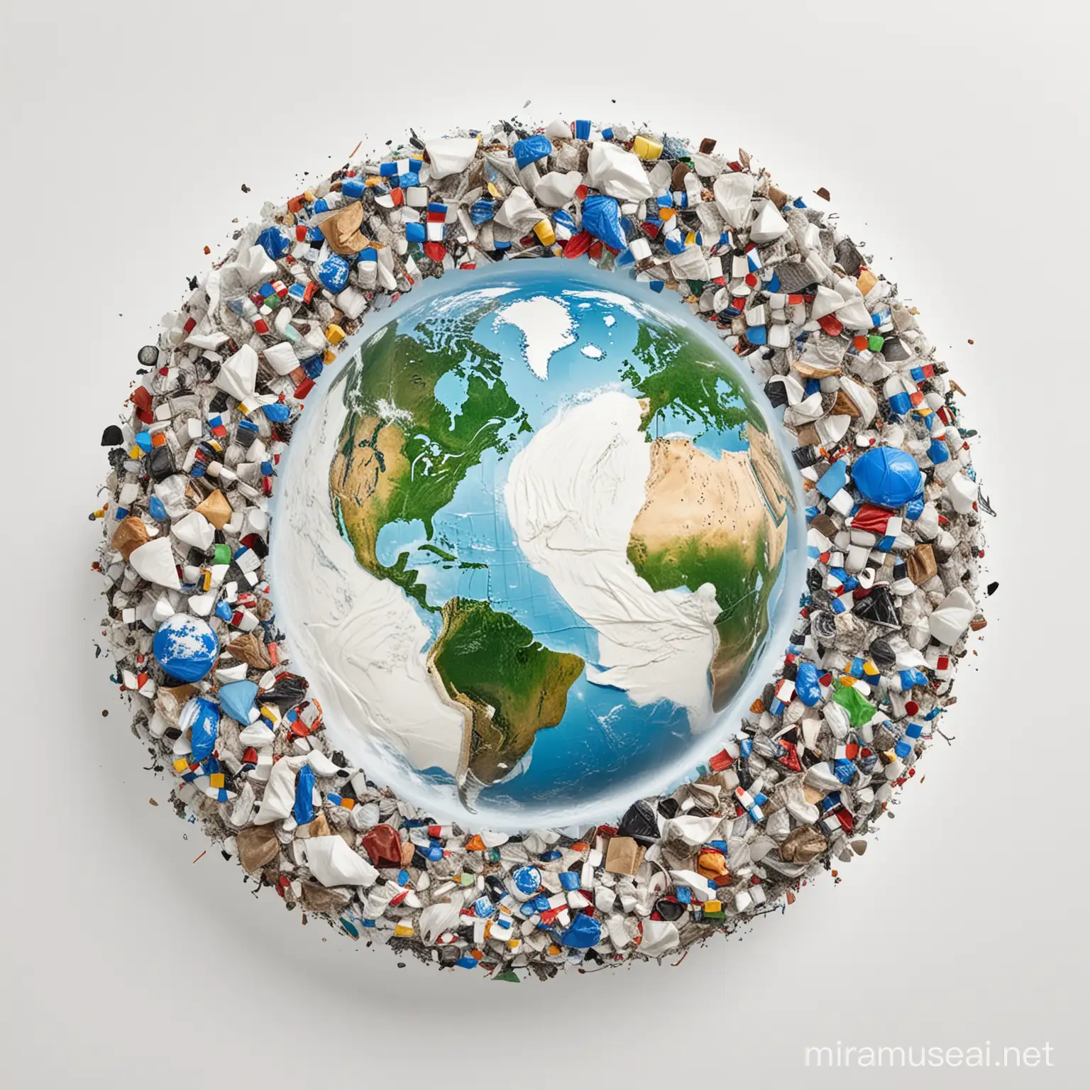 half planet earth, half plastic garbage, white background