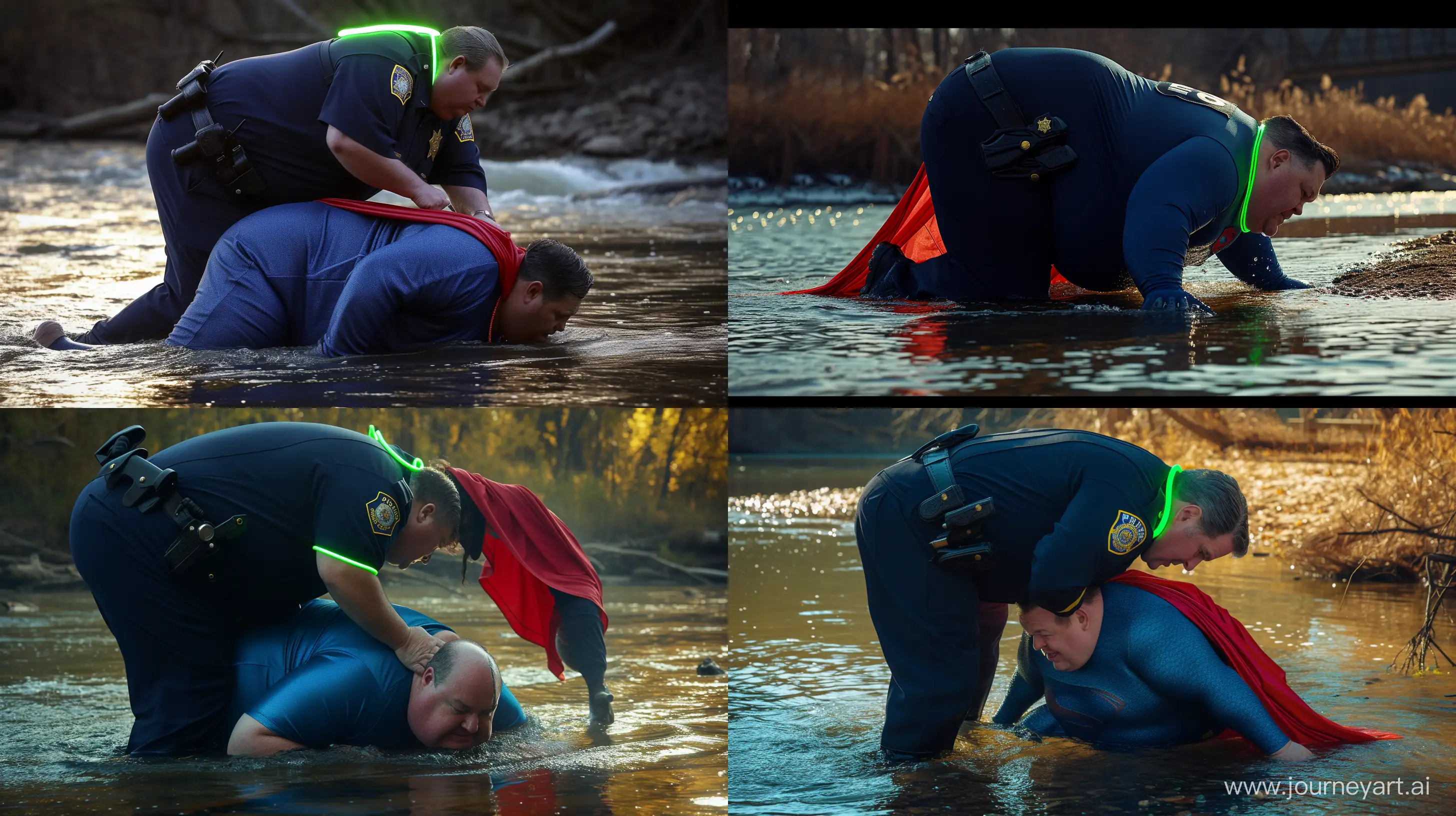 Elderly-Superman-in-Navy-Police-Uniform-Tightening-Green-Neon-Dog-Collar-in-River