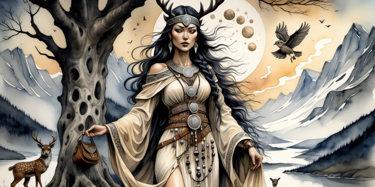 
a water colour painting of a norse goddess , she has black hair, deer antlers on her head , her dress is beige in colour with viking symbols around the neck of her dress, she has a deerskin waistbag with black feathers dangling from the bag with beautiful carved silver beads, she has a silver wolf at her side, the sky is dark with a bright full moon, an owl is perched in the tree beside her. there are viking symbols carved on the rocks under the tree. 