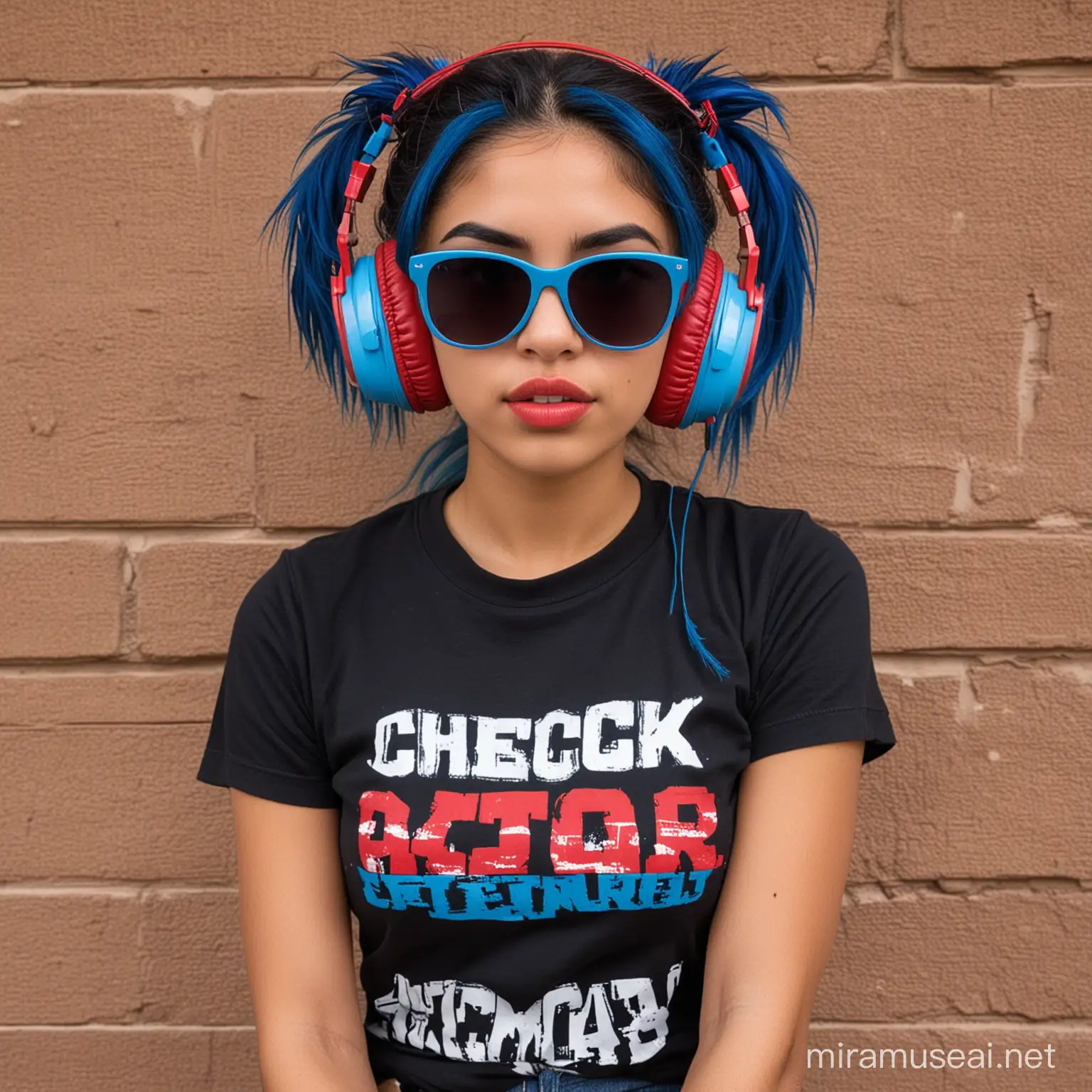 Defiant poor Latina 20 years old standing with arms crossed over her chest wearing red headphones and cheap sunglasses with blue lenses. She has blue streak in her hair and wears a black t-shirt that reads "Checked Out"
