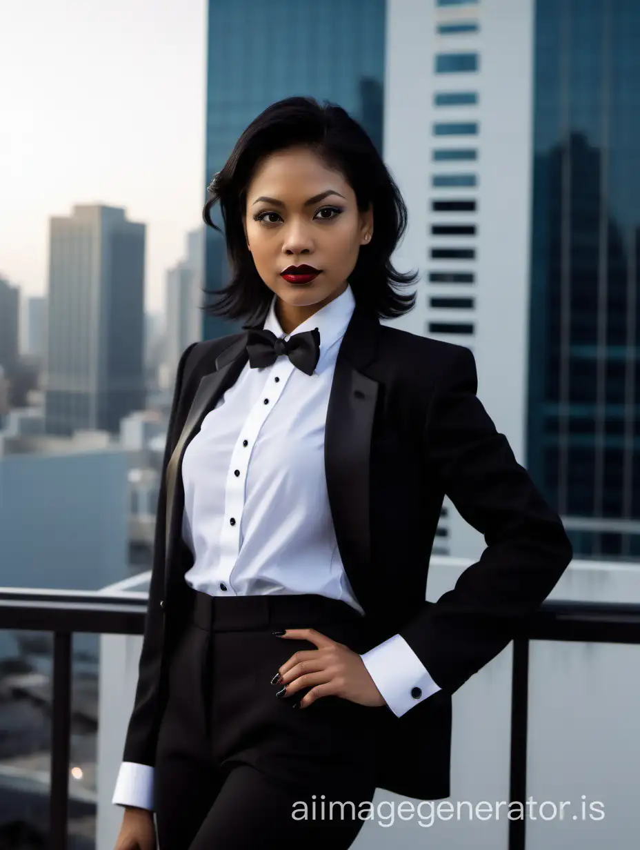 It is night.  A beautiful filipino woman with dark skin, shoulder length black hair, and lipstick, mid-twenties of age, near the edge of a tall building. She is facing forward toward the viewer.  She is wearing a tuxedo with a black jacket and black pants.  Her shirt is white with double french cuffs and a wing collar.  Her bowtie is black.   Her cufflinks are large and black.  She is wearing shiny black high heels. 