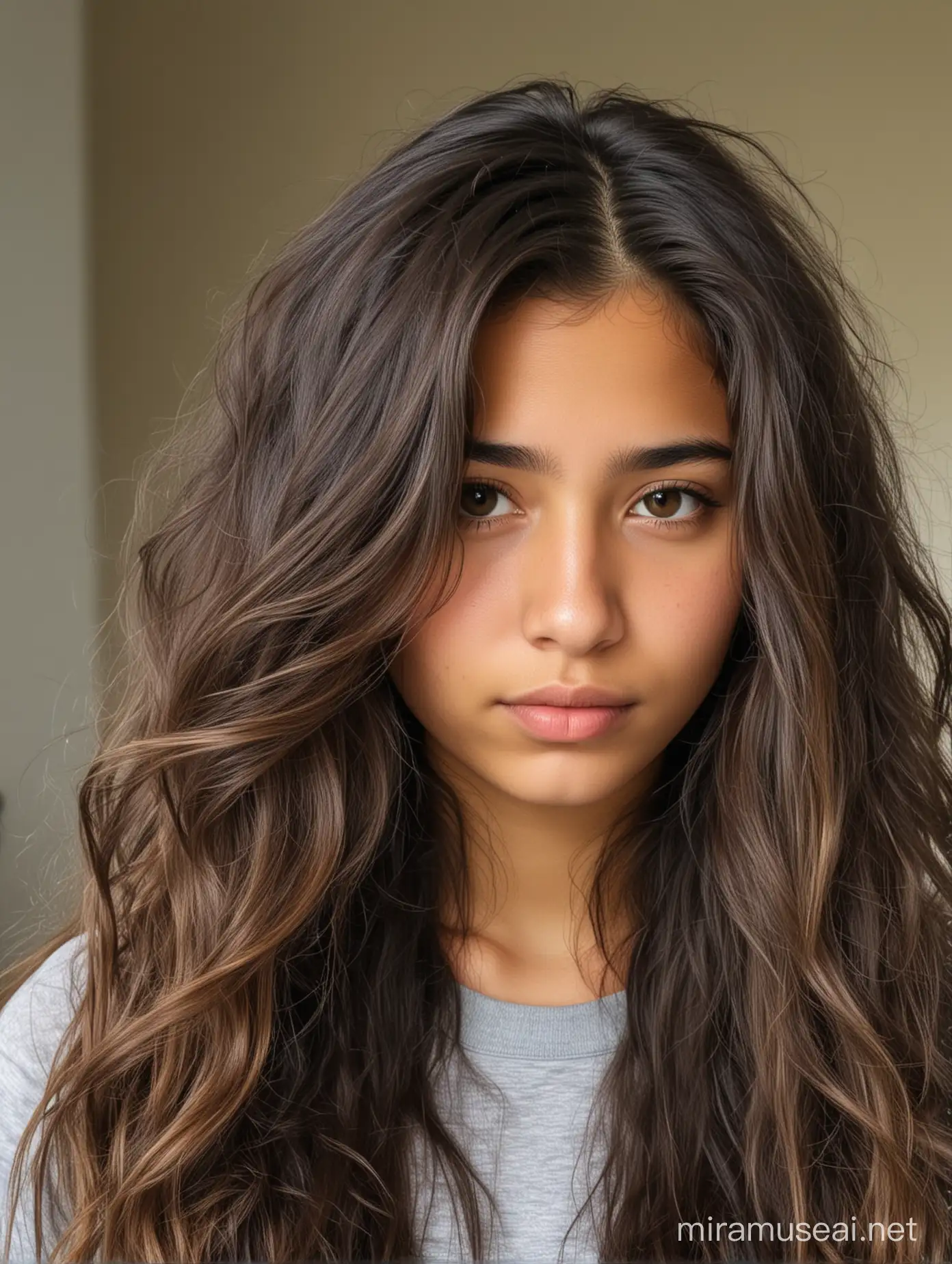 fille latino 17 ans , triste, cheveux longs légèrement ondulées