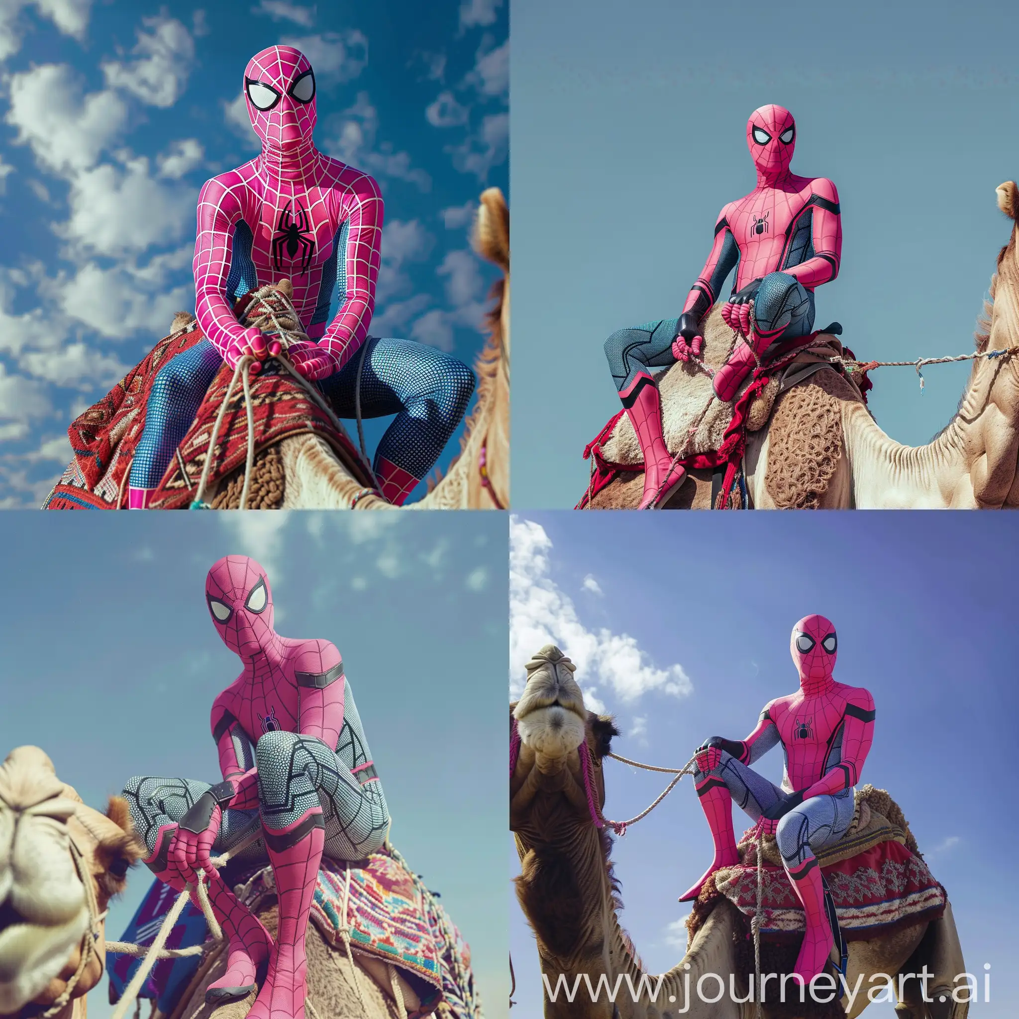 Superhero-on-Desert-Adventure-Pink-Spiderman-Seated-on-Camel