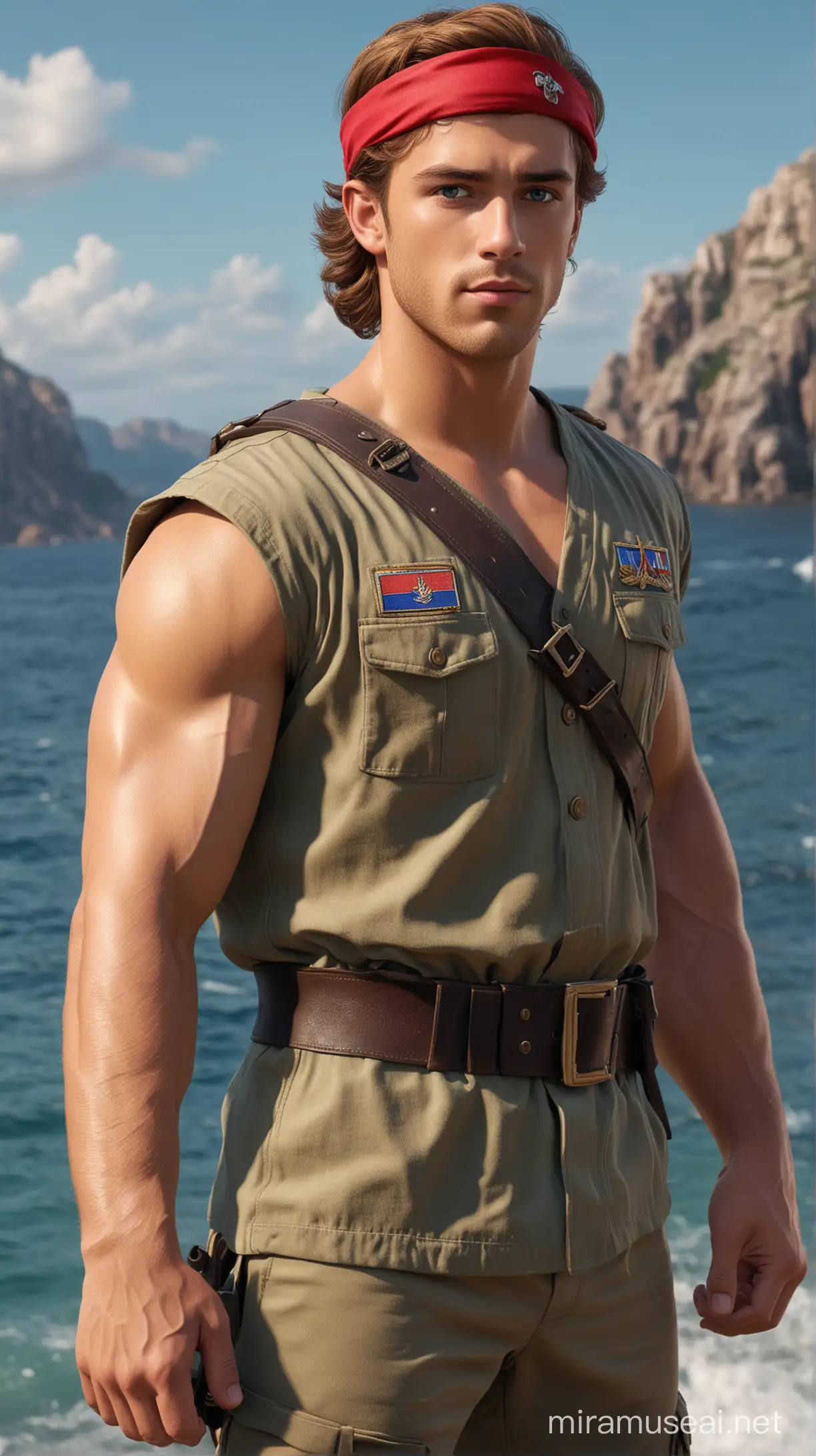in a sea natural background military there are disney prince Hercules is Greece 21-year-old and long light brown hair with red headband  and blue eyes and very muscled and camouflage military uniform and face beautiful 8k re solution ultra-realistic