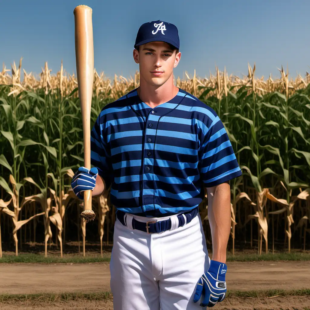 handsome fit young man, navy blue pacific blue horizontal striped baseball uniform, navy blue pacific blue horizontal striped baseball hat, baseball bat, corn field, Iowa, day