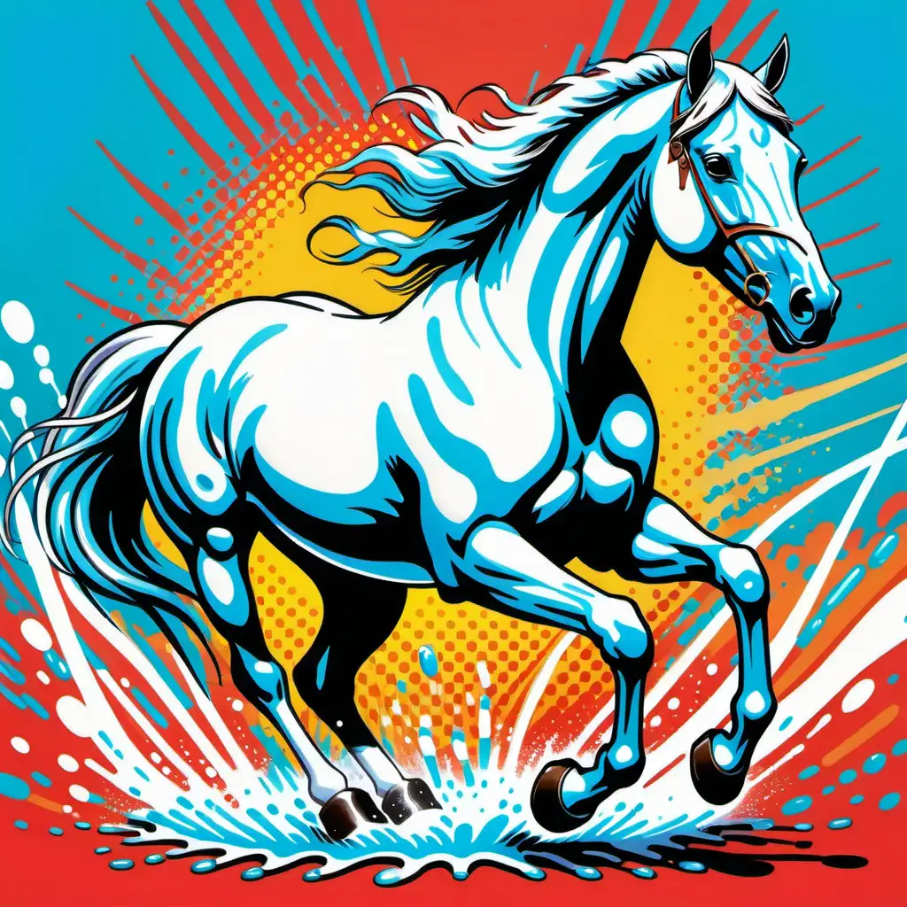 White horse splashing around in paint, pop art theme, Wham!, comic book illustration, vivid colors , artistic, detailed 