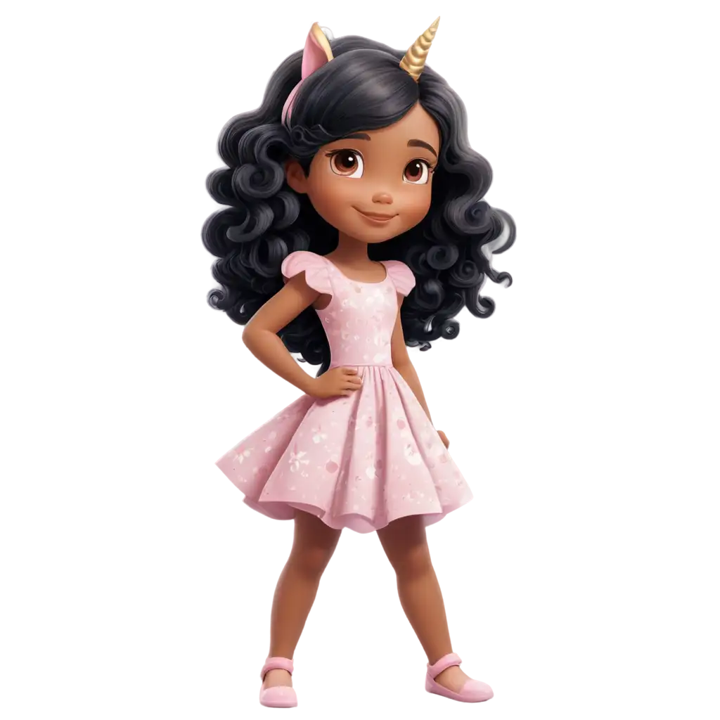 Cartoon book for children of a beautiful little girl with curly black hair and light brown eyes, fair skin, innocent appearance, wearing a flowery dress with a unicorn and no shoes. The drawing style is cartoon. far away. Make your finish lighter.