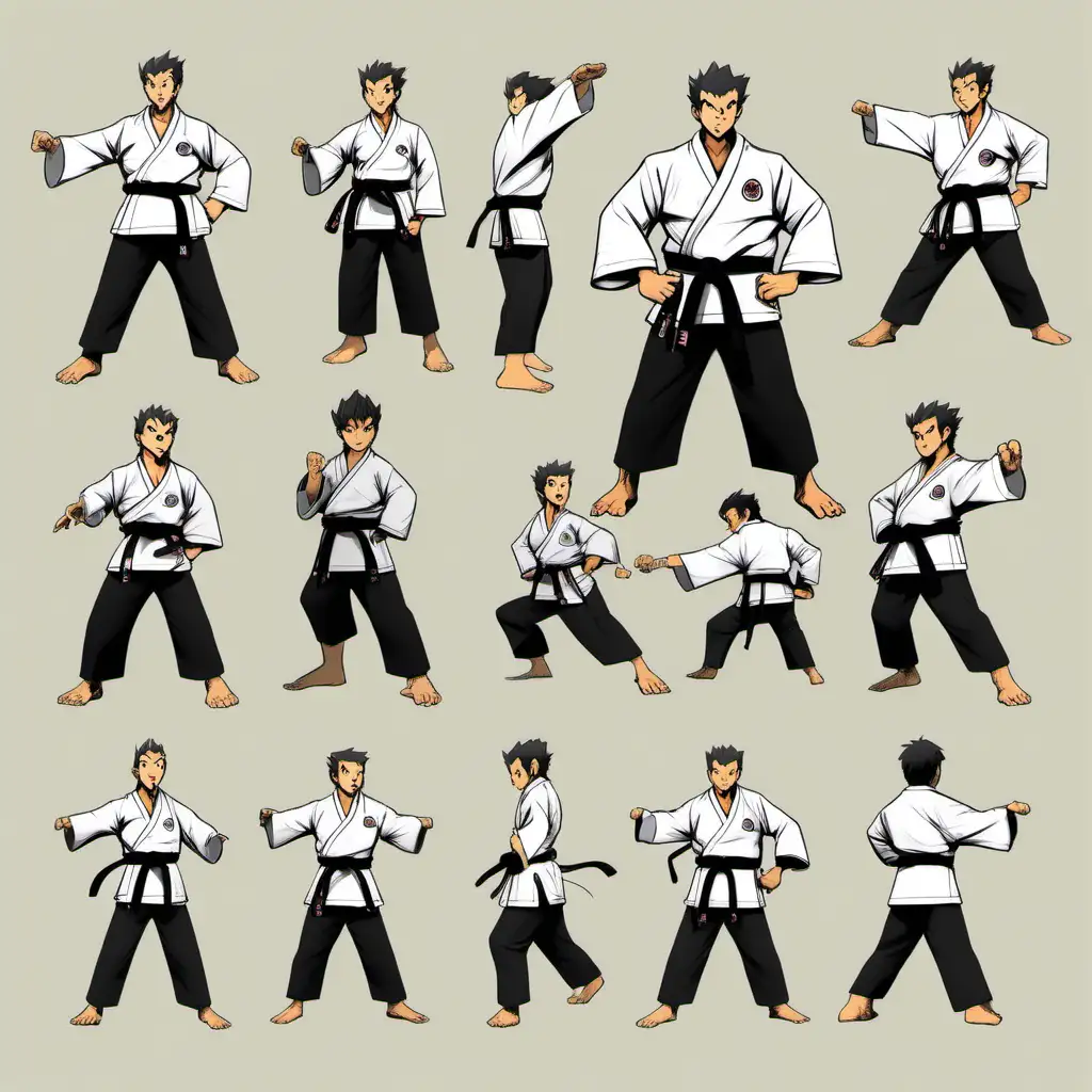 Character Sheet, Multiple Poses and Expressions, Karate Master, Black Belt, Pokemon style