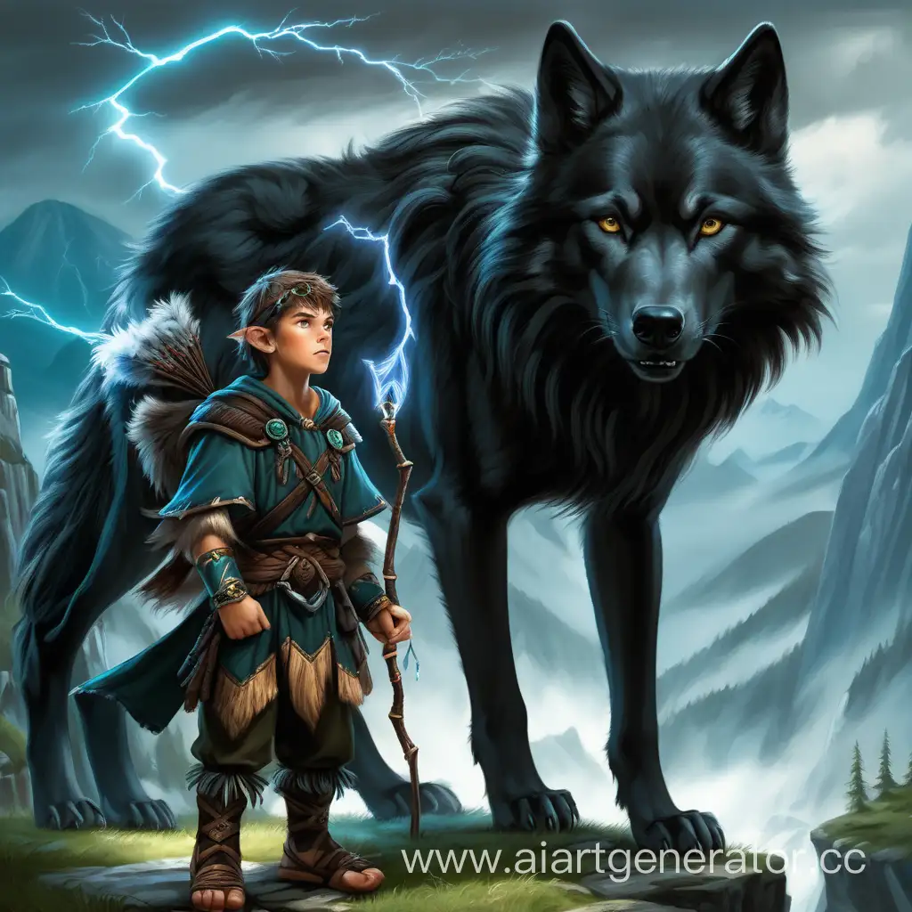 Fantasy-BoyDruid-Summoning-Lightning-with-Black-Wolf-in-Mountainous-Terrain