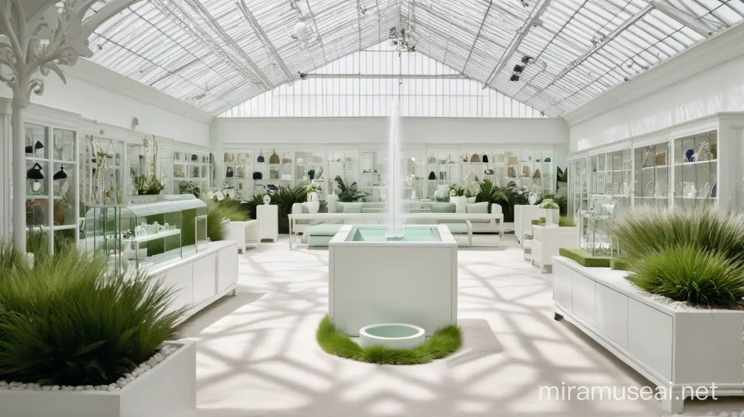  jewelry and handbag store interiors in white colour with a fountain in modern greenhouse with grass floor