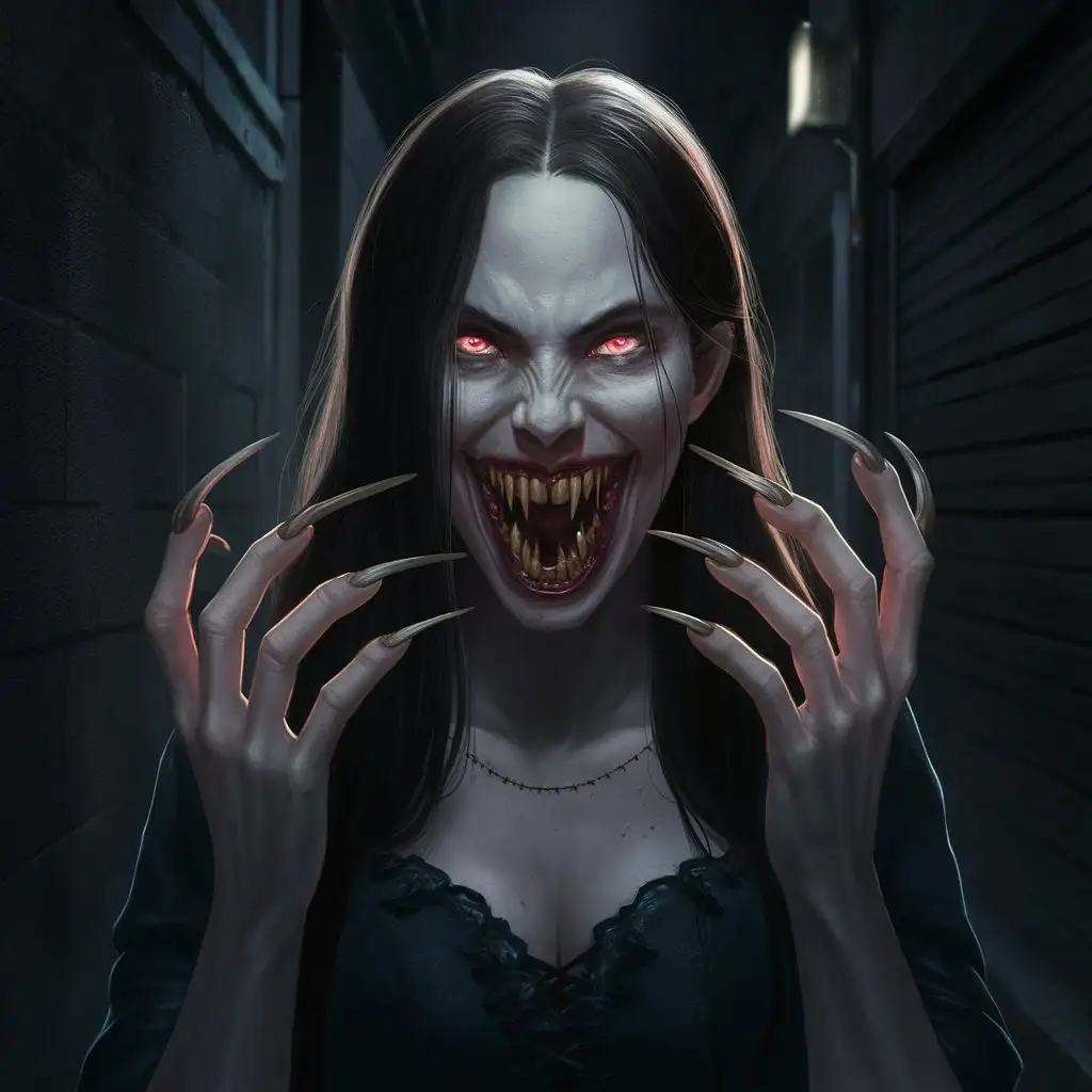 A photorealistic depiction of a terrifyingly hungry vampire woman, her features twisted into a threatening grimace as she bares her fangs in the darkness. Her long, flowing hair cascades down her back, obscuring the curves of her body, while her eyes glow with an eerie red light that pierces the veil of night. The woman's mouth is wide open, revealing a row of pointed teeth, which protrude from her gums like deadly daggers. Her long, curved fingernails, each pointed at the tip like a menacing claw, extend several inches beyond her fingertips, making her appear all the more threatening. She stands in the shadows of a dark alley, her gaze fixated on something unseen, as if she's sensing the presence of her next unsuspecting victim. The air around her crackles with an unnatural energy, and the faint sound of her raspy breathing fills the silence. The image captures the terrifying allure of this hungry, terrible vampire woman, as she prowls the streets in search of her next meal, unafraid to strike at any moment.