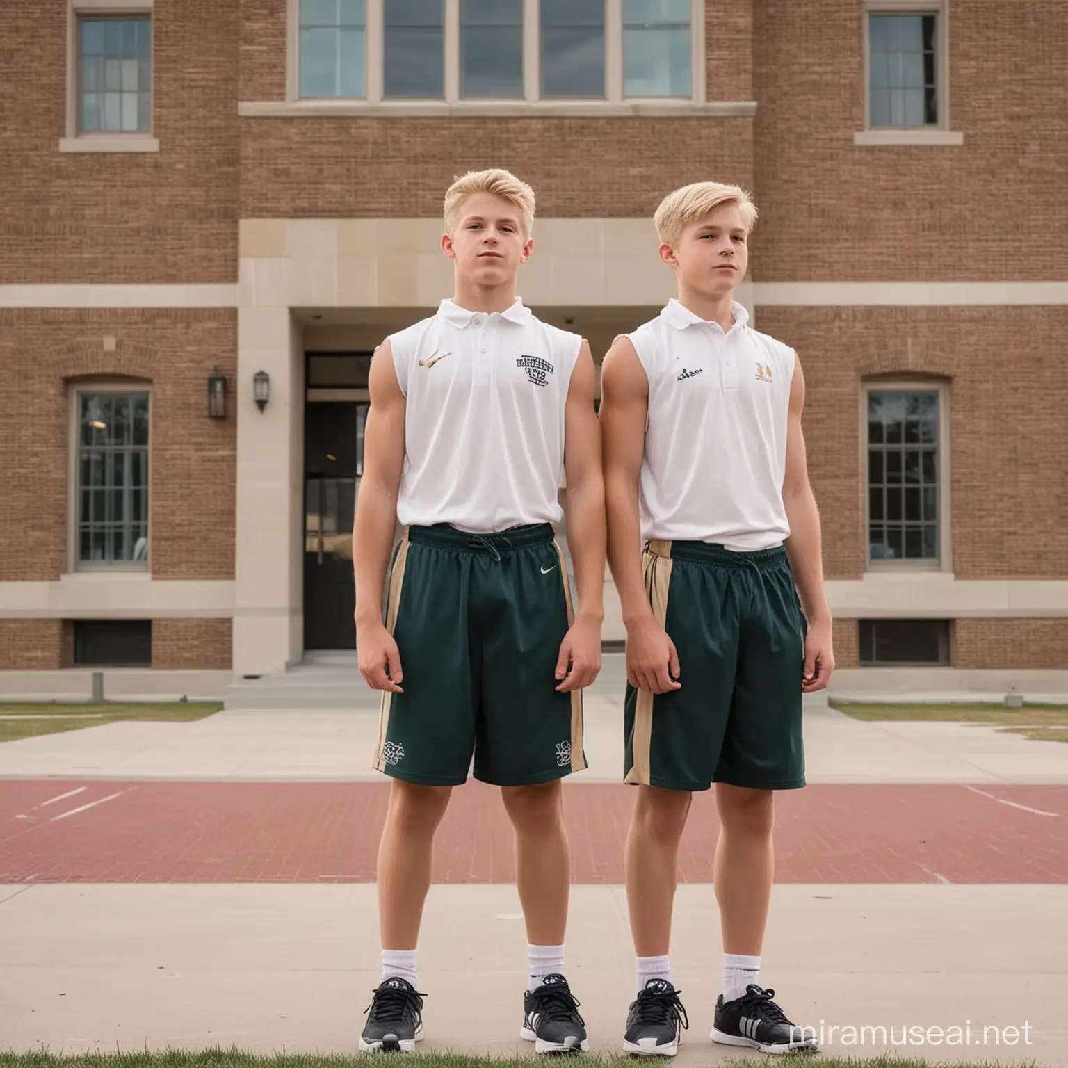 Athletic Blond Brothers Standing in Front of School Building