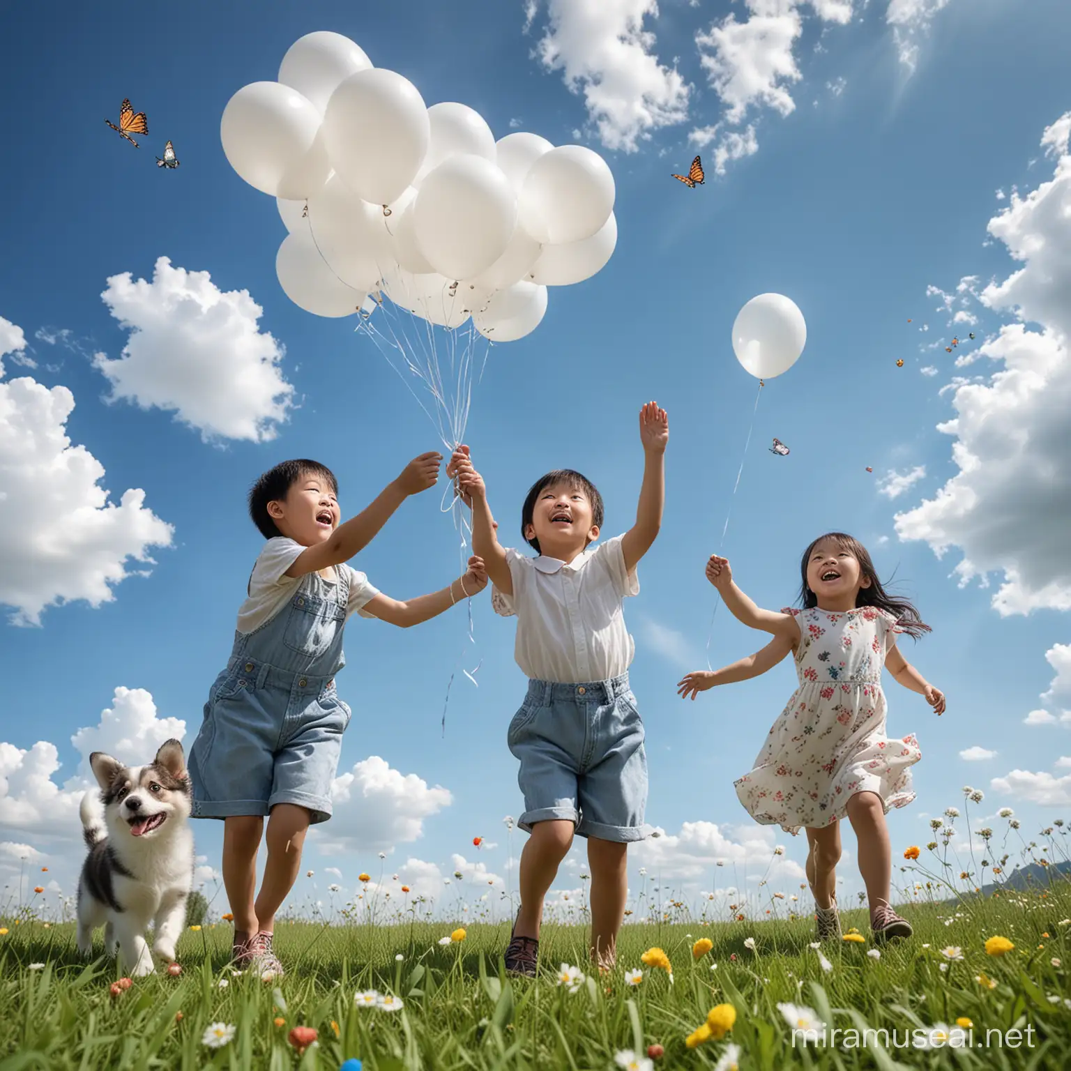 Happy Chinese Children Playing with Balloons Under Blue Sky
