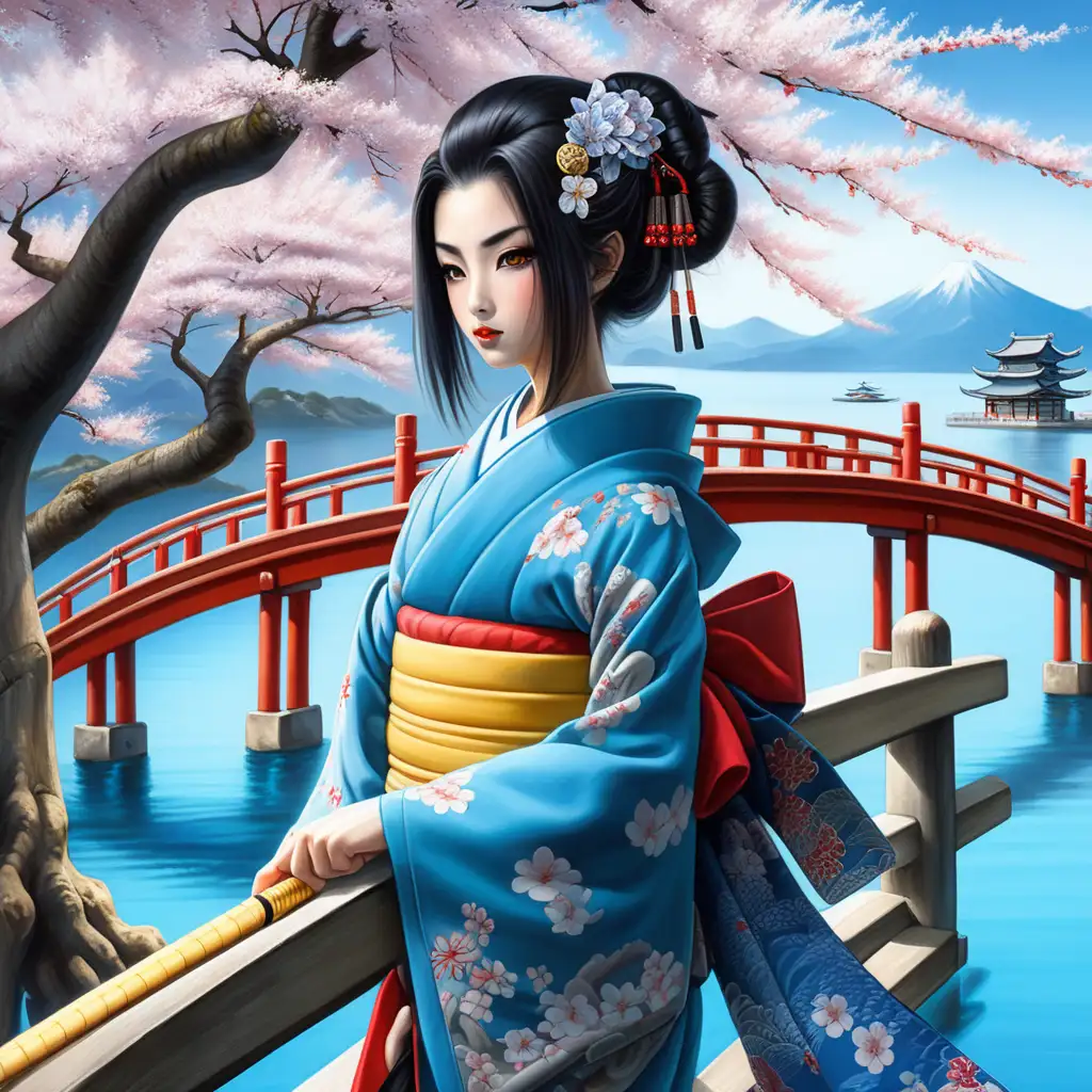 beautiful long black haired geisha with a yellow blue and gray kimono, she is walking across an asian style bridge over blue water, beside it is a cherry tree in full blossom, she has a katana with blue beads on the hilt, the wind is blowing a few tenderals of her hair away from her face, the rest of her hair is up geisha style, she has a soft smile on her lips, the sky is blue, there are several pagoda's in the back ground