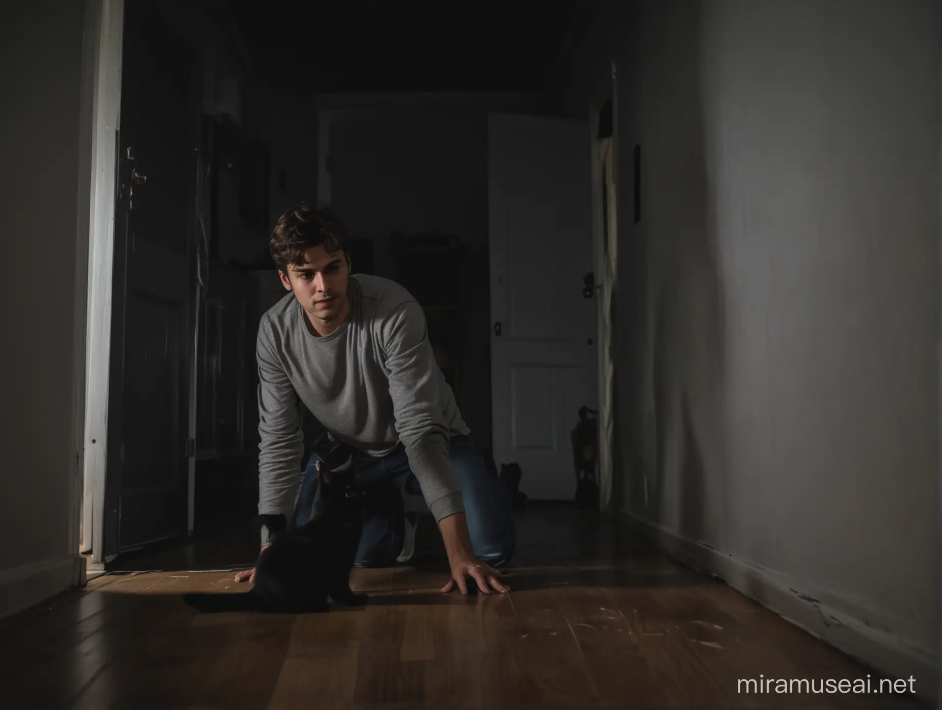 un hombre joven adulto en la sala de su casa oscura, jugando con un gato color, negro en la noche.