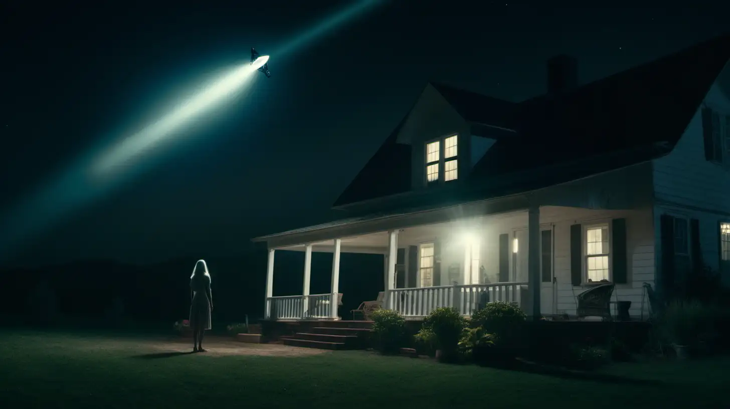 Cinematic still. A woman stands on porch of her farmhouse. A beam of light from an alien ship shinning down on her and house. Night time. Wide shot. 