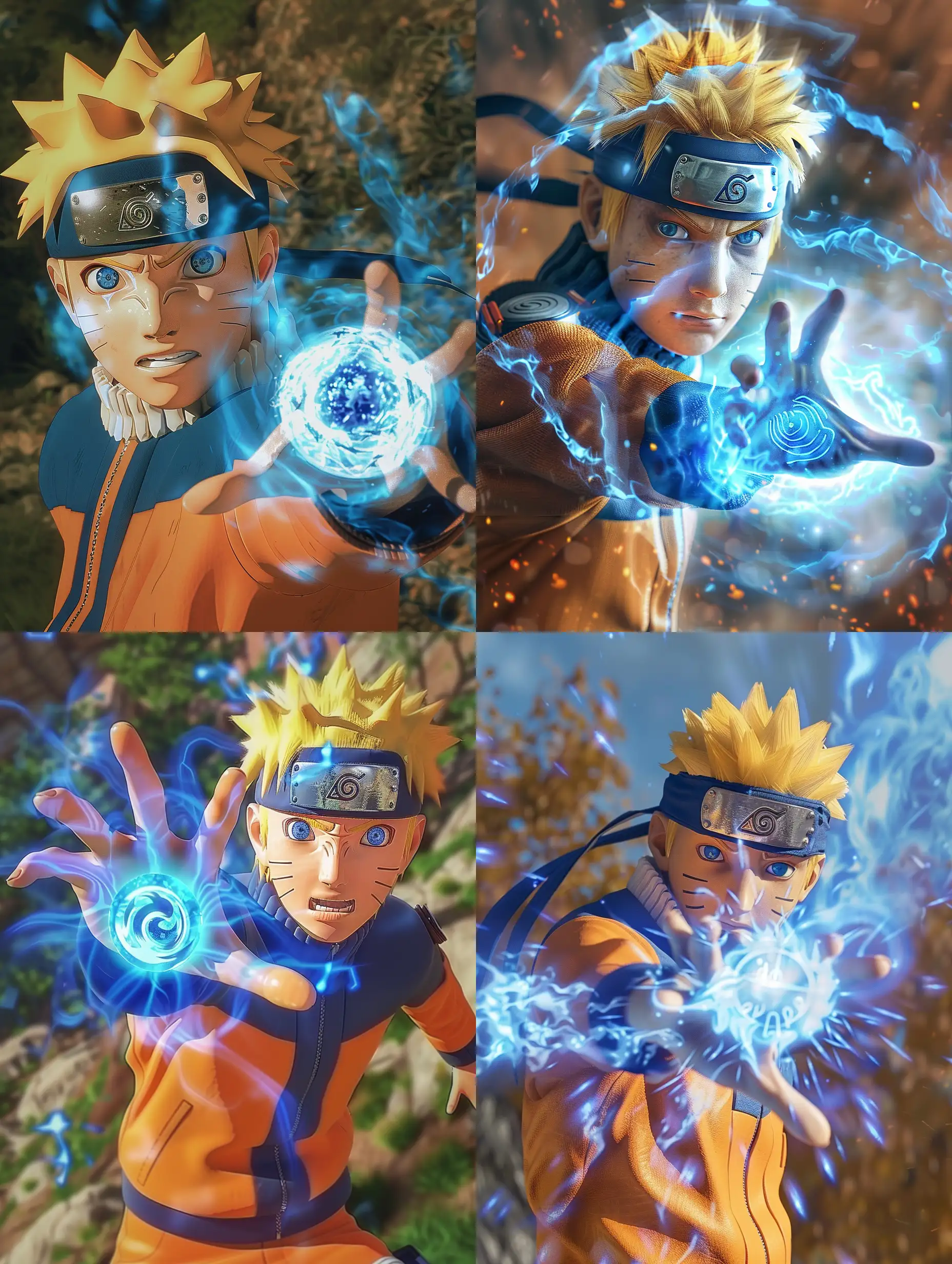 Hyperrealistic adapted from Anime screen grab of Naruto Uzumaki forming a blue Rasengan in his hand, kyuubi mode.