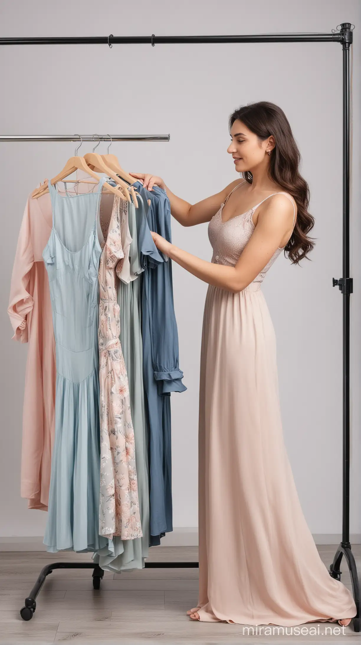 a lady who is choosing outfit from the cloths on a rack and her hands on the dress
in  a photography studio