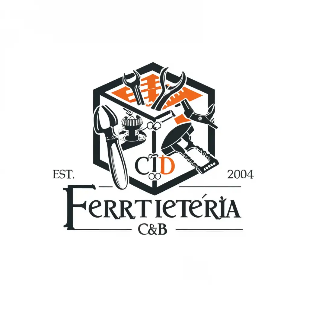 Create a logo with the text in Spanish: Ferretería C&B along with a main symbol consisting of a square, Hammer, Wrench, Nut and bolt, Screwdriver, Saw, Drill, Nail, Flashlight. You can use the ones you consider more graphically harmonious. It is specified that the logo should be used in the construction industry and should combine the following colors #012928 and #EADEB6.  locate the establishment since 2004.