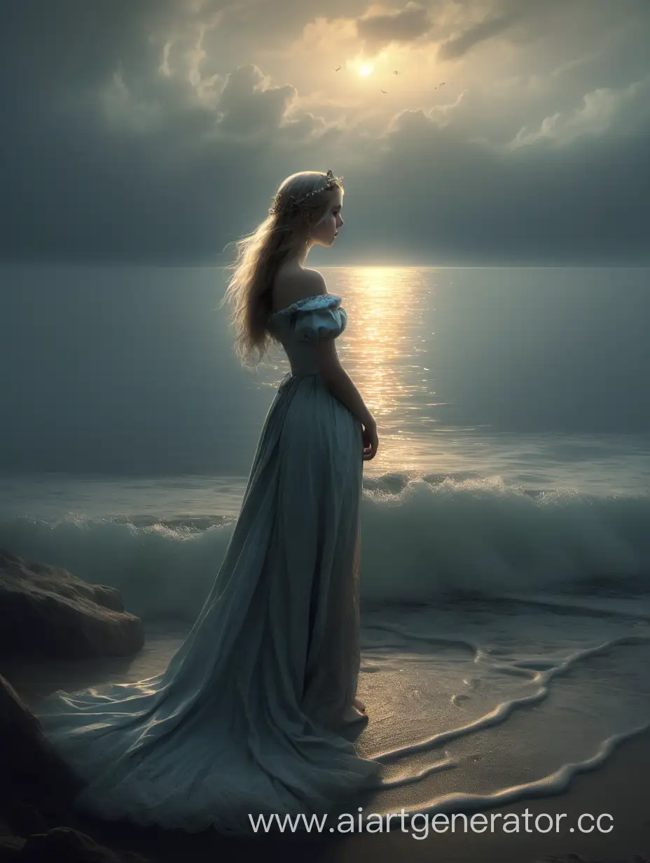 Dreamy-Girl-Waiting-on-Shore-for-Her-Prince-Romantic-Seaside-Scene