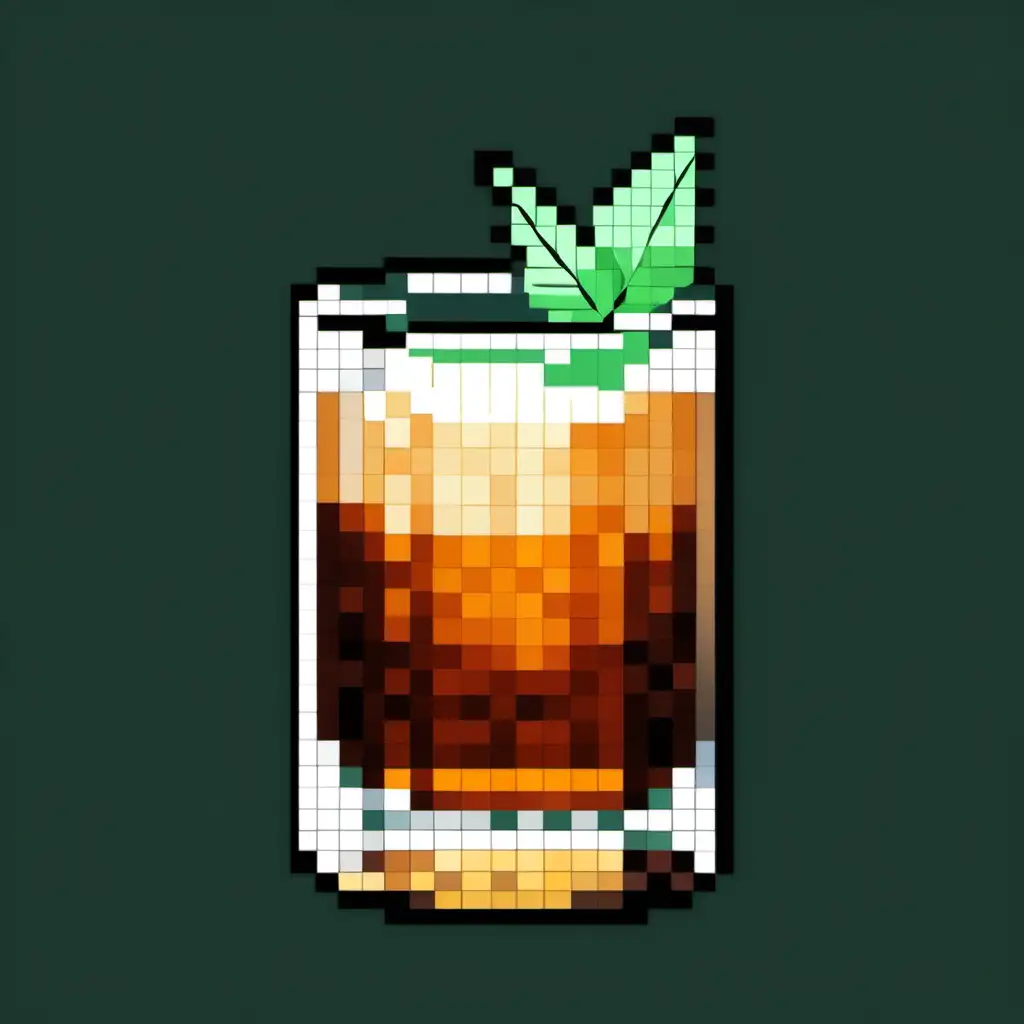 generate pixel art of a amber-color drink in a short 'old-fashioned glass' with ice and a mint sprig