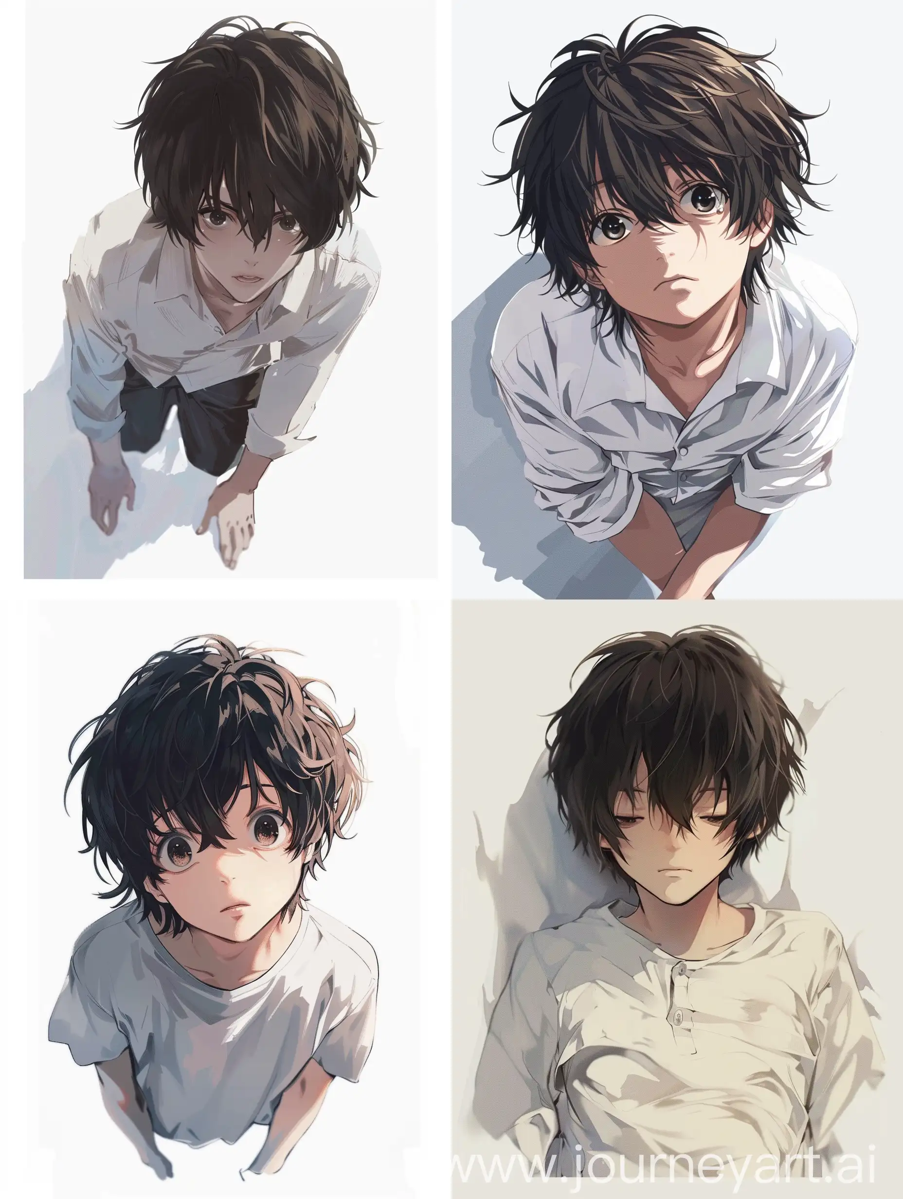 boy, dark hair, white shirt, top view at an angle, anime style.
