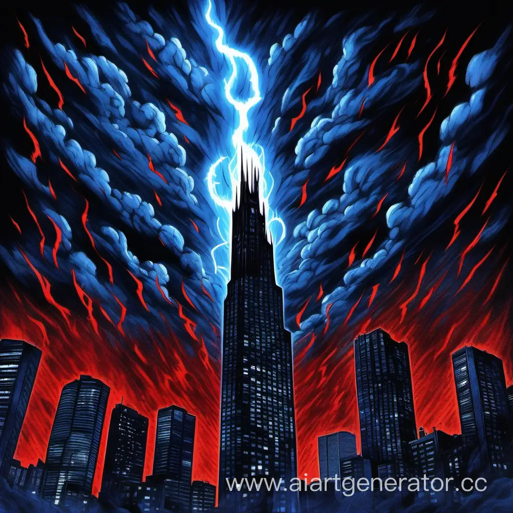  dark grey sky lots of clouds the sky is lit up by bright cobalt blue lightning bolts there is a skyscraper On the roof of the skyscraper there is a giant silhouette of a demonic creature surrounded by a glowing red outline flames coming out of some windows
