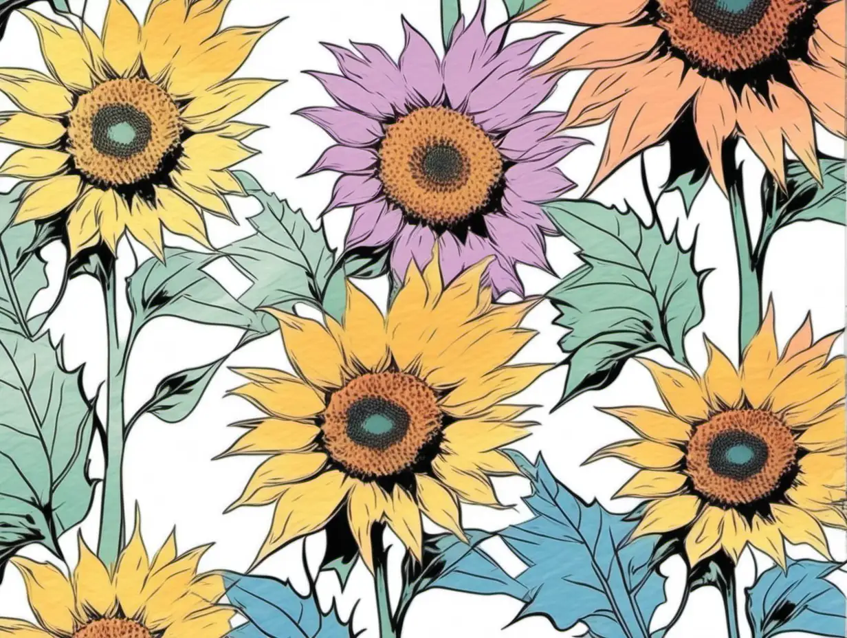 /imagine prompt pastel watercolor SUNFLOWERS flowers clipart on a white background andy warhol inspired --tile