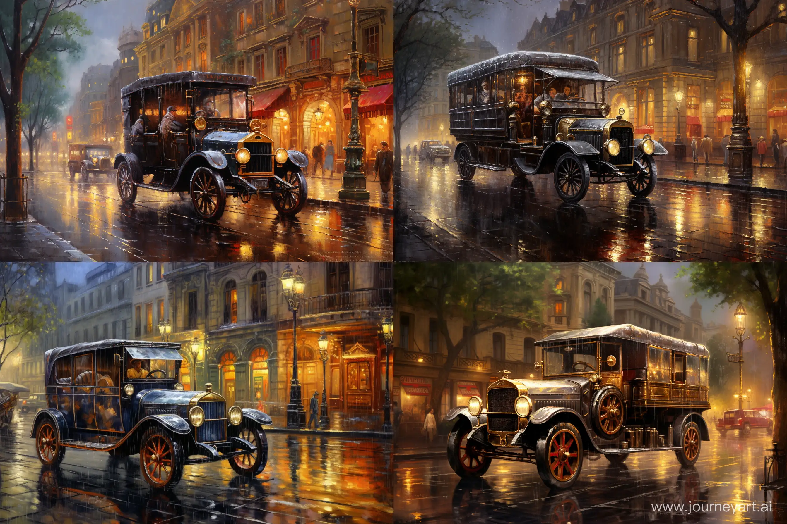 An oil painting of an old truck  from 1910 on the cobblestone streets of Paris in the 1930s, under very heavy rain, and vintage cars with their lights on, in a baroque style with intricate details, in the style of Frederic Soulacroix. --v 5.2 --ar 3:2