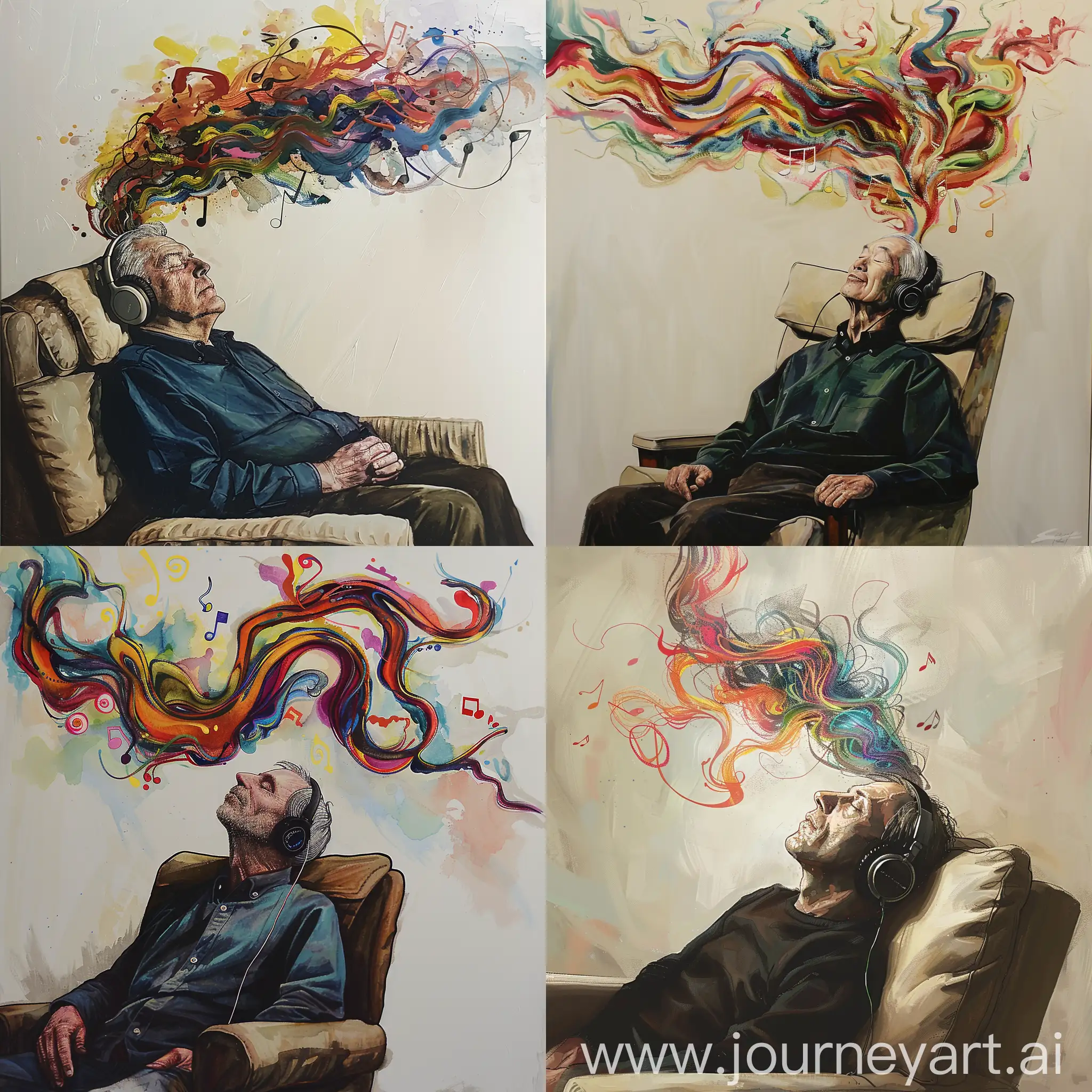 colored stroke painting of a middle-aged man, sitting in a sofa chair, head lying on the head support, eyes closed, headphones around ears. Above him, the melody is flowing with colors, notes, and sounds.